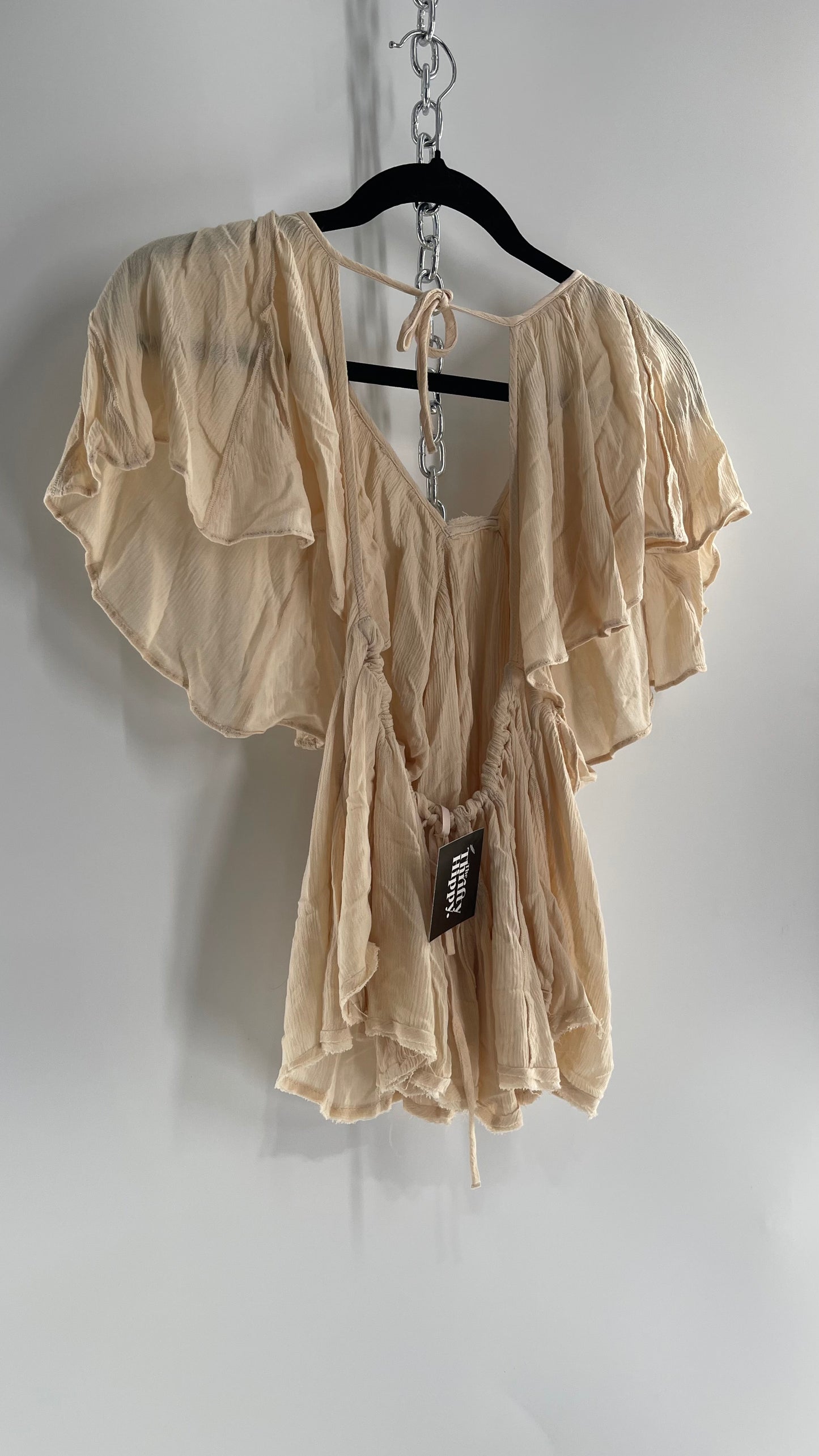 Free People Beige Open Back Drape Sleeve Blouse (XS)