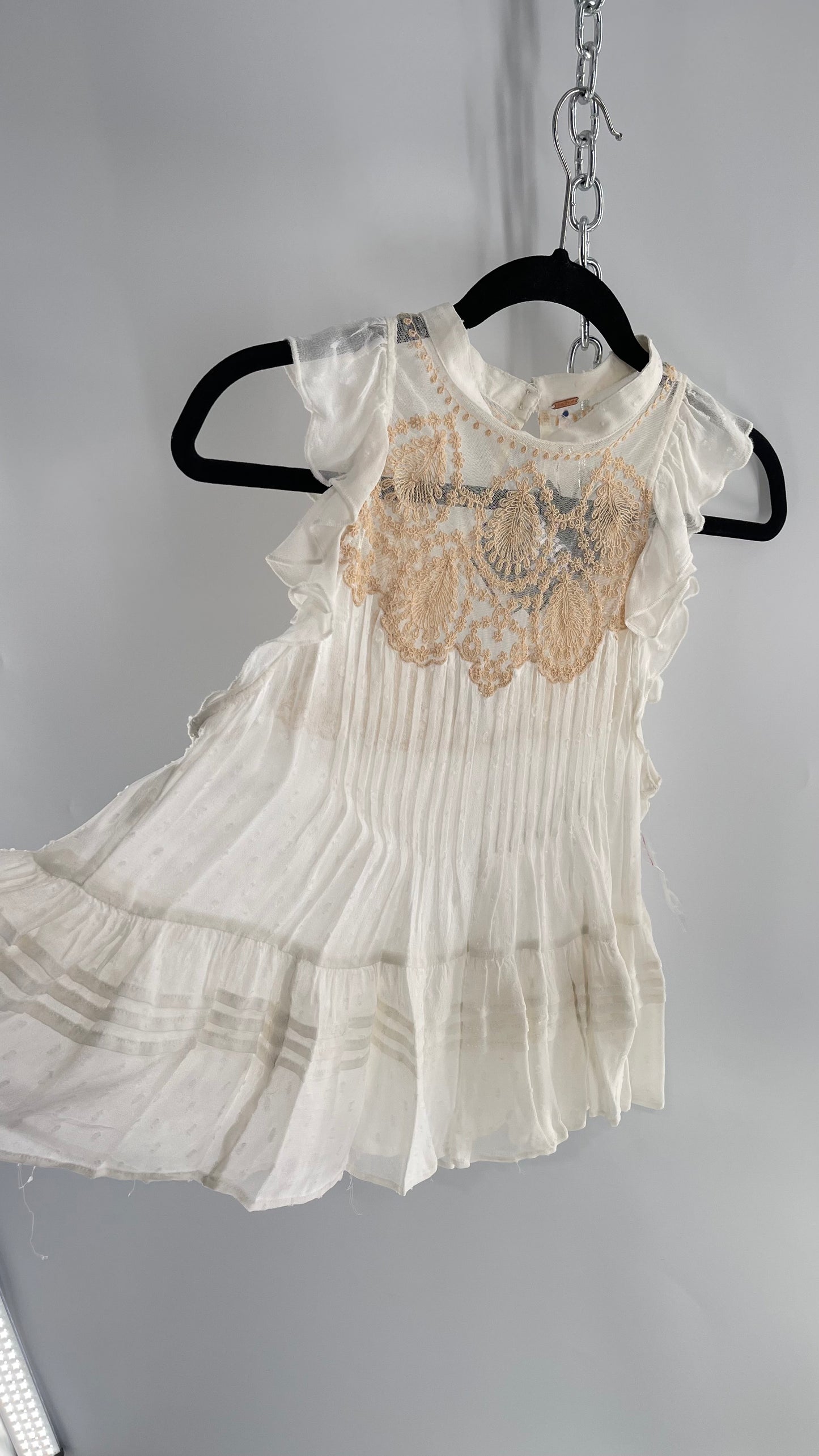 Free People Delicate,Romantic Feminine Sleeveless Blouse with Pleating, Embroidery and Keyhole Back (XS)