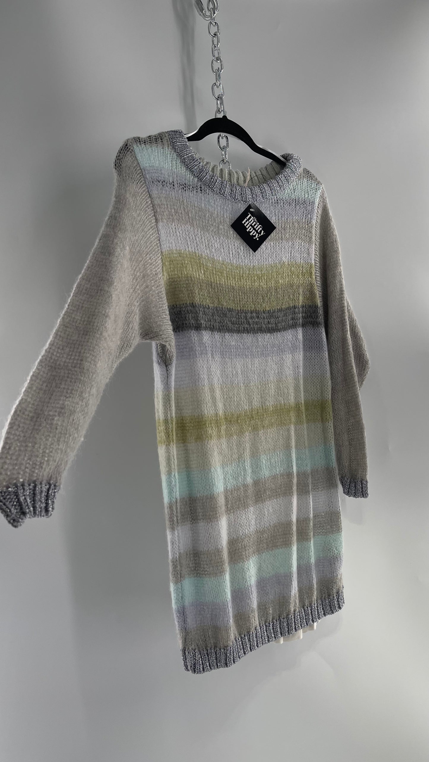 Free People Striped Sweater with Glitter Knit Cuffs and Collar (XS)