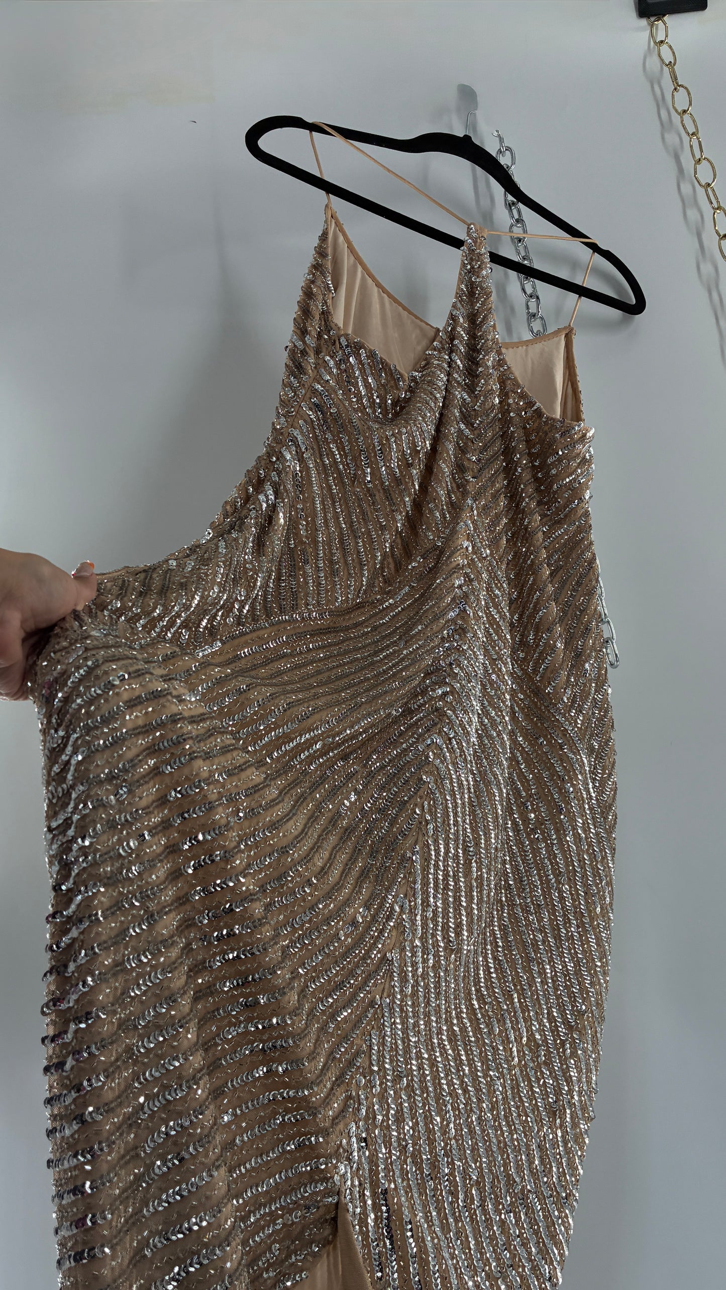 MESHKI Tierra Nude Full Length Dress with Silver Sequins with Tags Attached (XXXL)