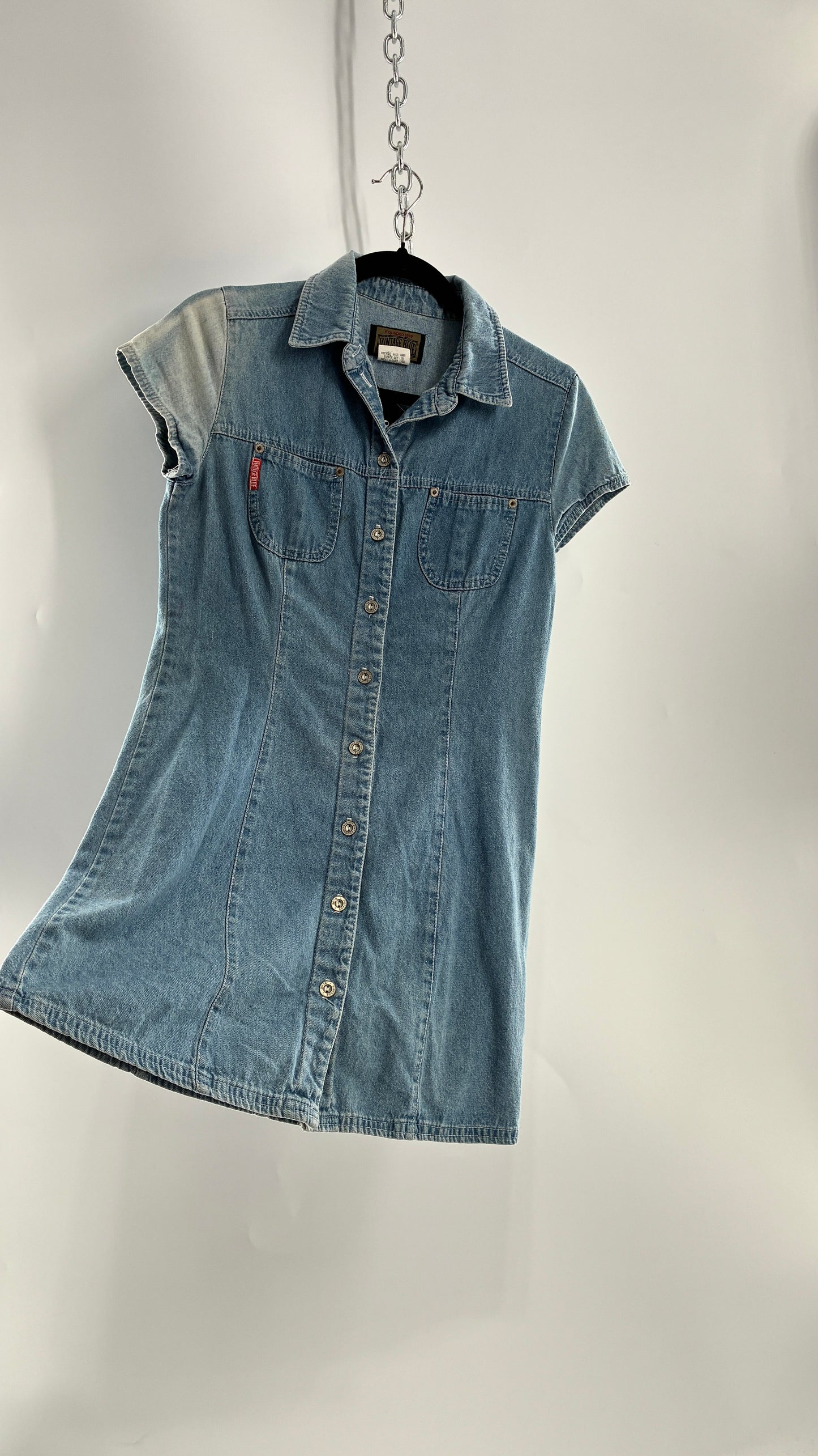 Vintage VINTAGE BLUE Light Wash Denim Button Front Micro Mini Dress (7)