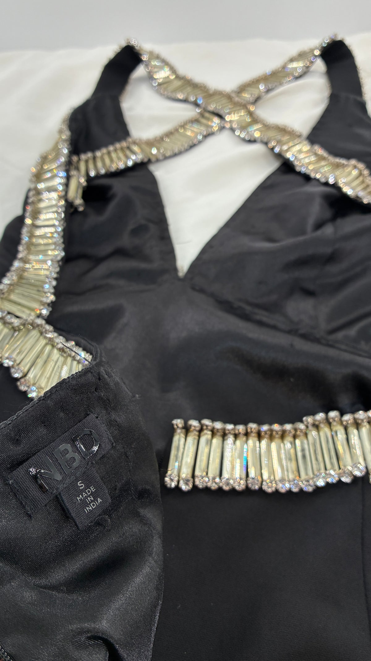 Vintage NBD Black Halter Dress Lined in Oversized Stones and Crystals (Small)