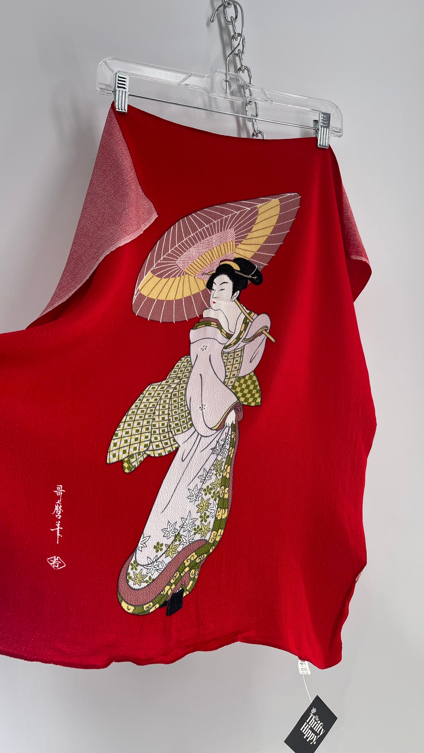 Vintage Rare Japanese Geisha Style Red Scarf