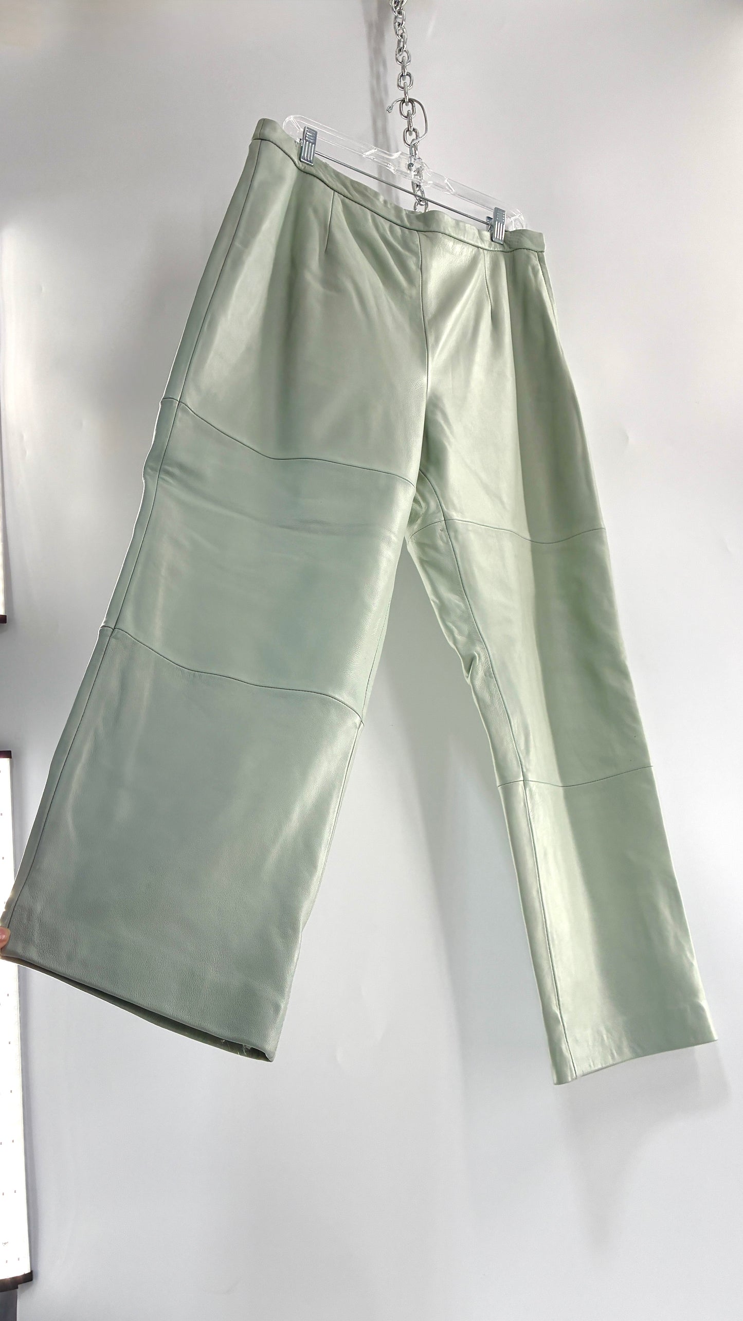 Vintage TERRY LEWIS Classic Luxuries Muted Seafoam, Genuine Leather Trousers with Silky Soft, Satin Lining (16P)