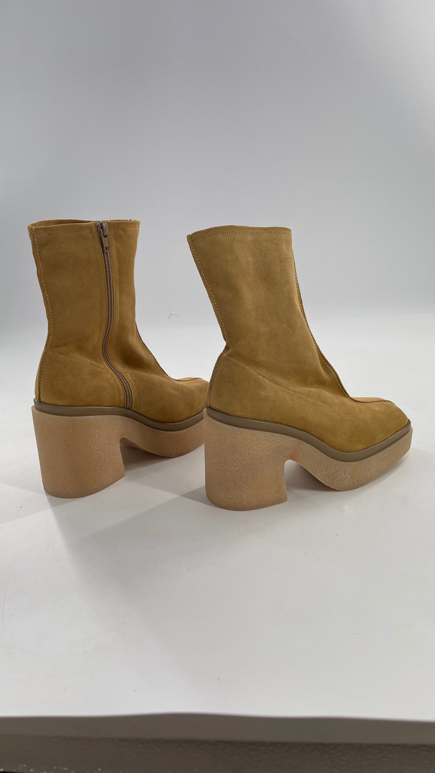 Free People Gigi Tan Suede Ankle Boots with Platform and Chunky Rubber Heel (38.5)