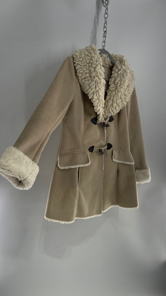 1990s GUESS Tan Vegan Suede Sherpa Lined Coat with Exaggerated Fur Collar (Small)