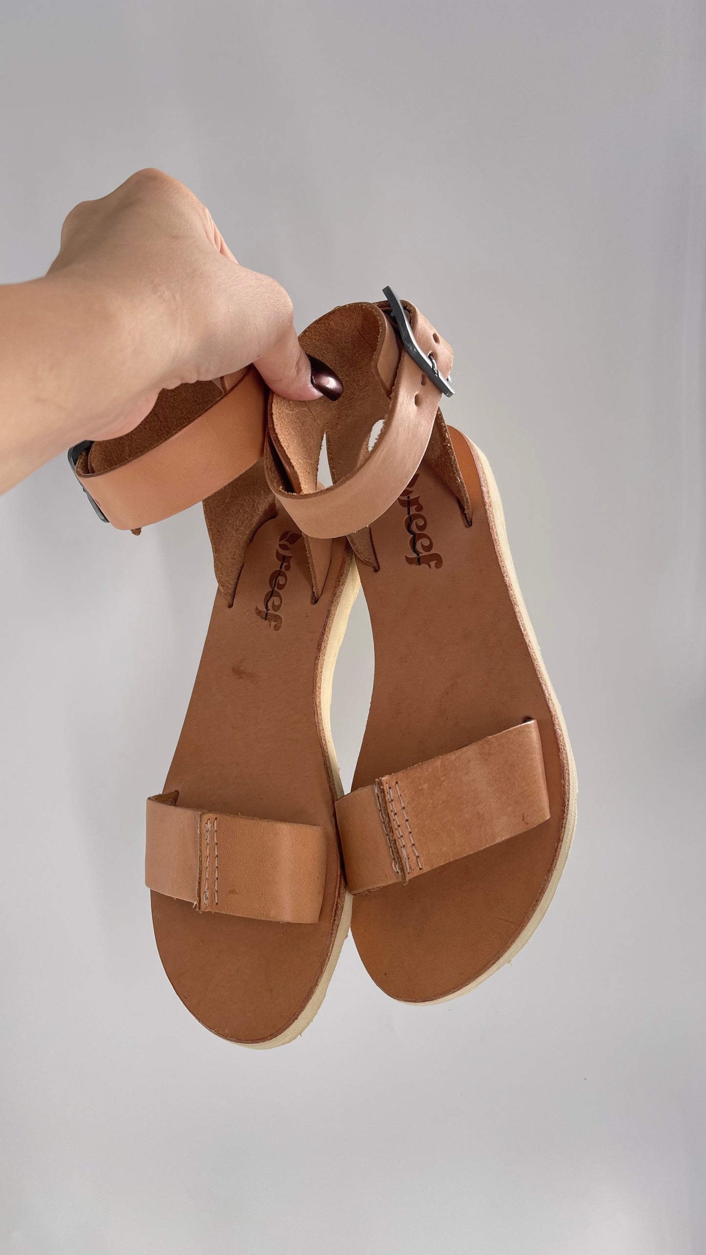 Free People Reef Light Nude / Tan Leather Sandals with Thick Ankle Strapped Buckle (6)