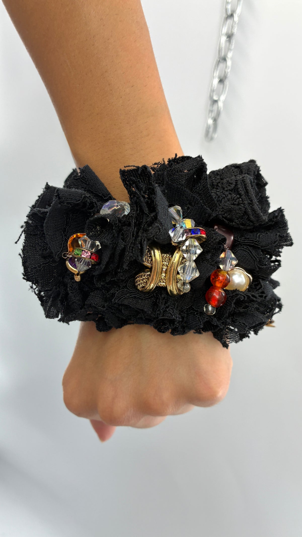 Handmade Black Rosette & Eclectic Charm Statement Cuff