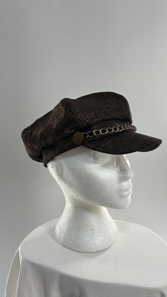 Vintage BADGLEY MISCHKA Metallic Bronze Newsboy Cap with Chain Detail