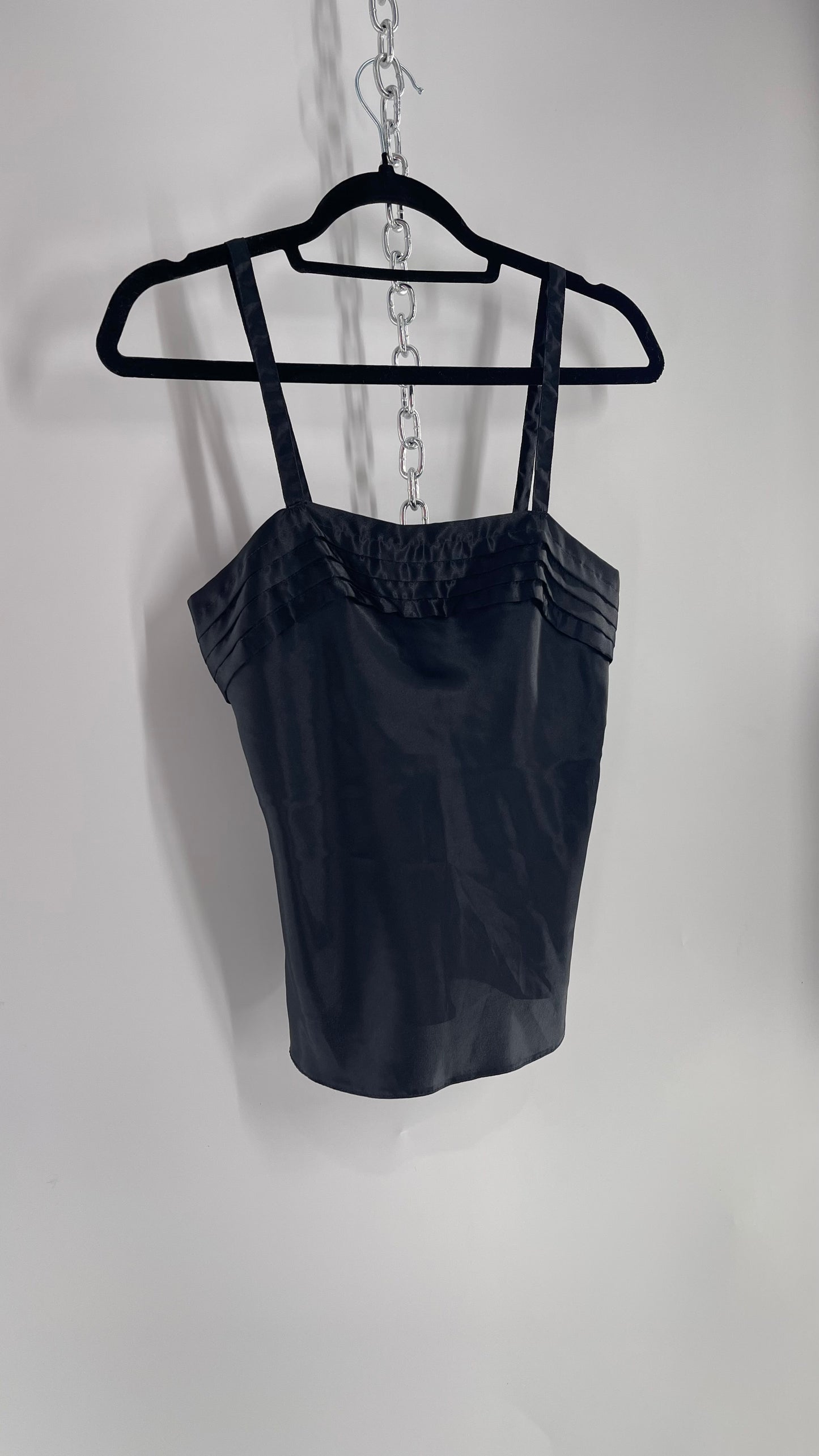 Vintage Silky Black Camisole with Pleated Neckline (Small)