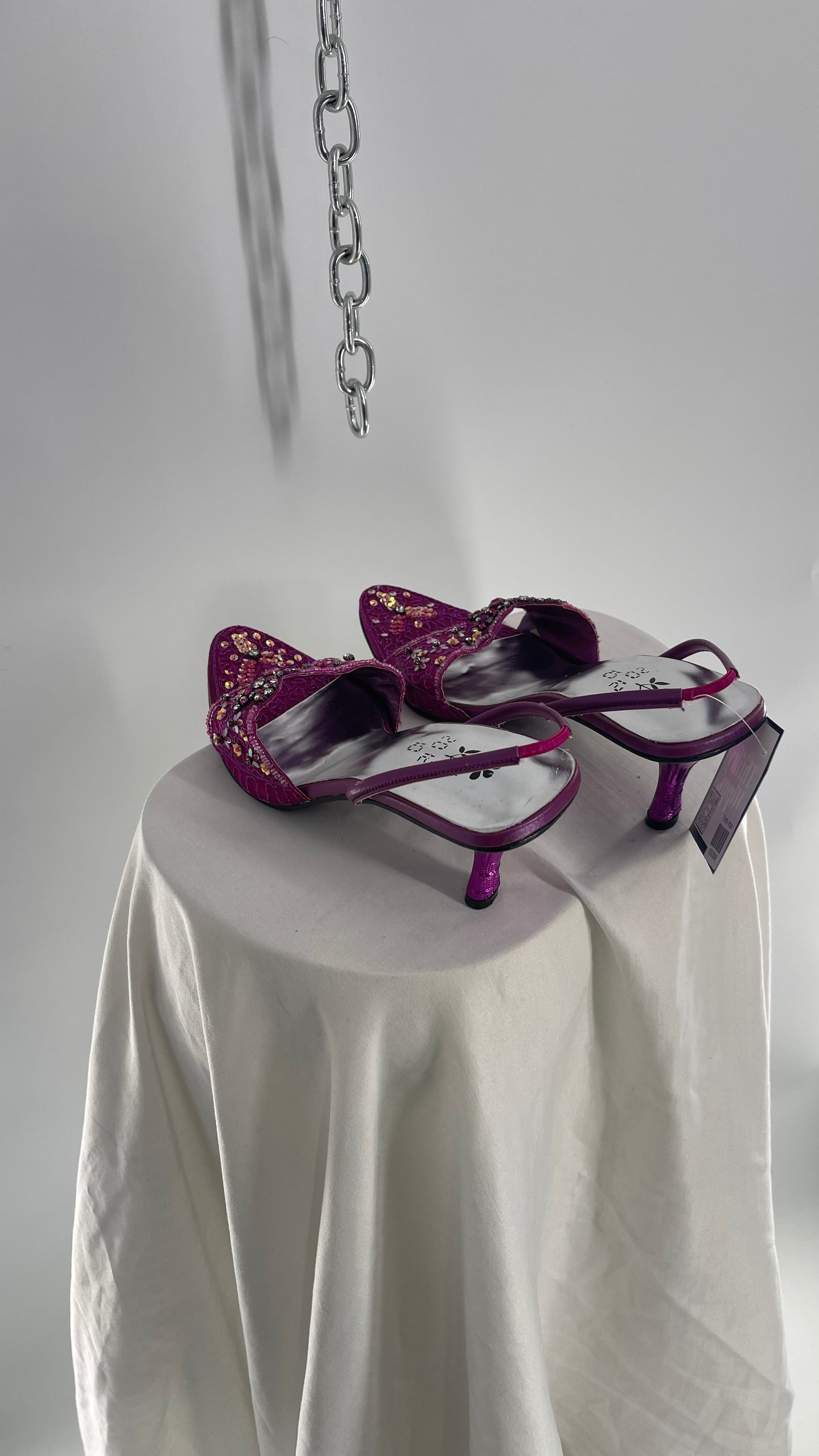 Vintage 20:12:10 Fuchsia Beaded Satin Pointed Toe Slingback Heels (7.5)