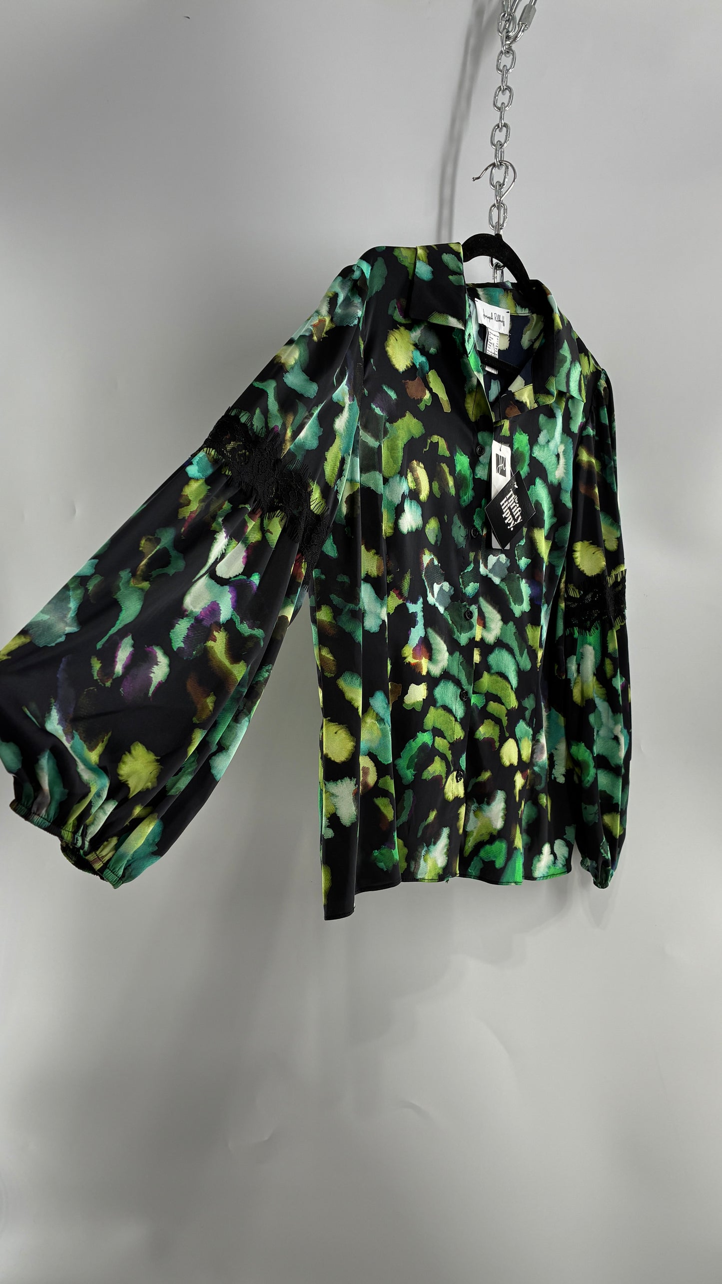 JOSEPH RIBKOFF Green Graphic Balloon Sleeve Blouse with Tags Attached (14)