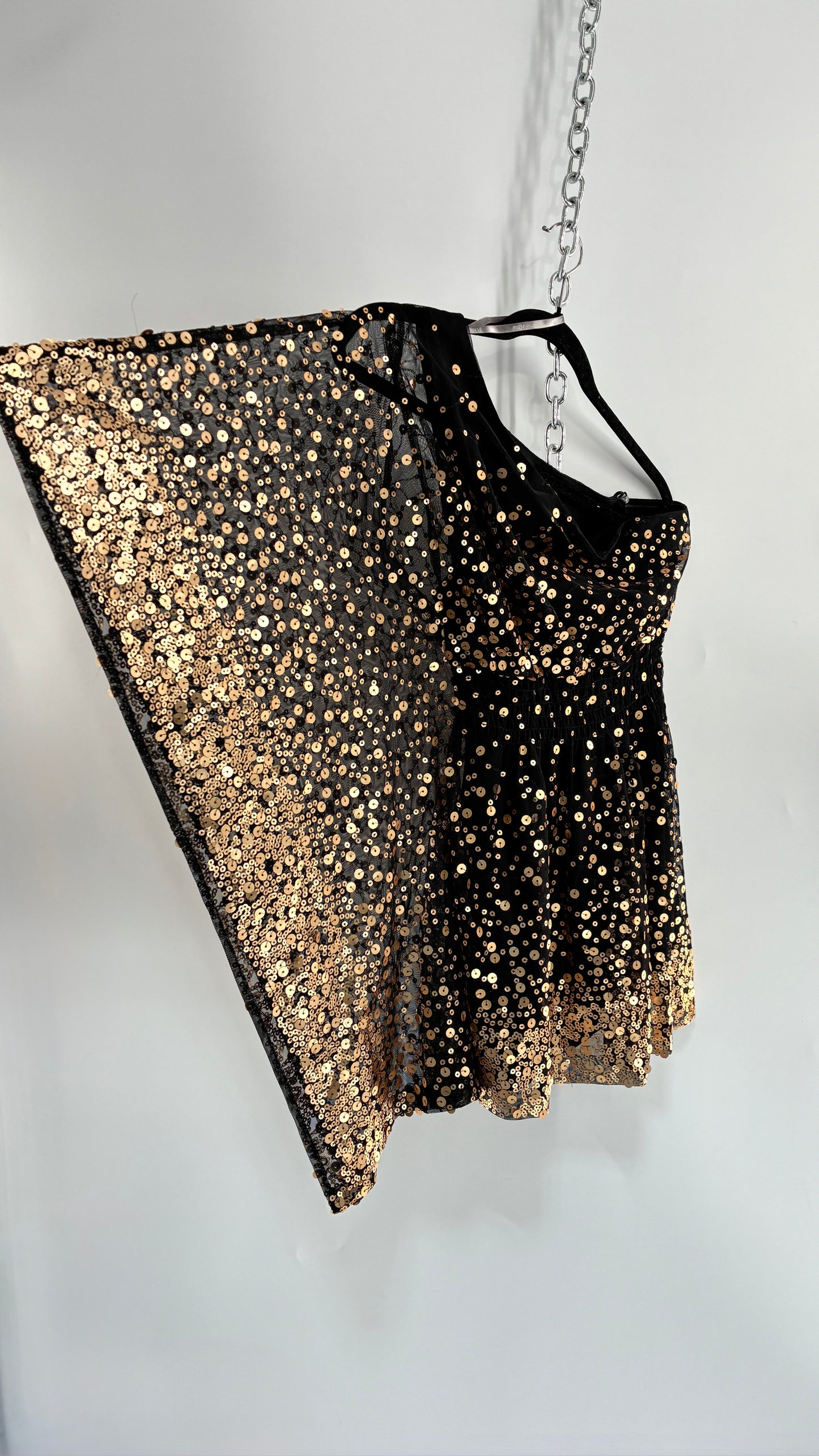 Vintage MUSE BOSTON PROPER Black One Shoulder Tube Dress with Ombre Gold Sequins (Medium)