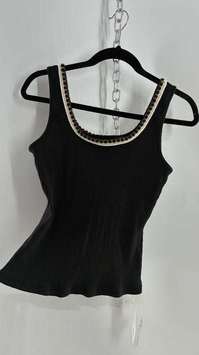 MOTF Black Ribbed Camisole with Embroidered Neckline and Tags Attached (Medium)