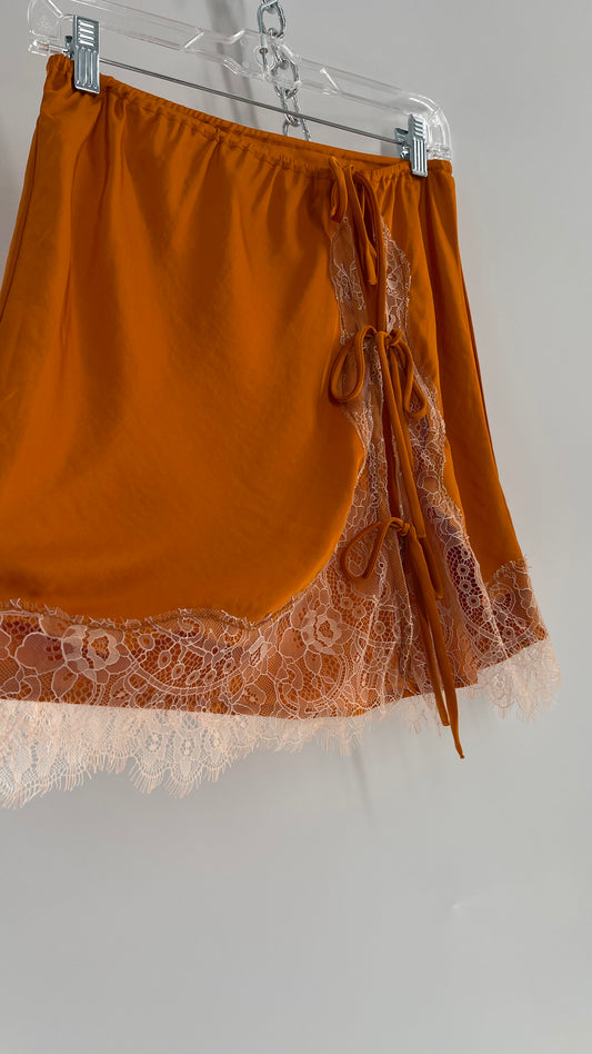 Free People Orange Lace Trim Silky Mini Skirt (Medium)