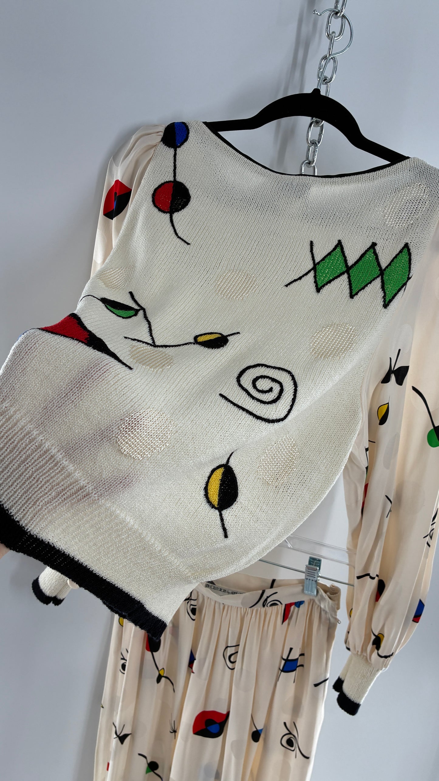 Vintage 1980s UMI collections by Anne Crimmins Off White 2 Piece Set with Abstract Embroidered Designs and 100% Silk Polka Dot Print Skirt (Medium Sweater, 8 Skirt)