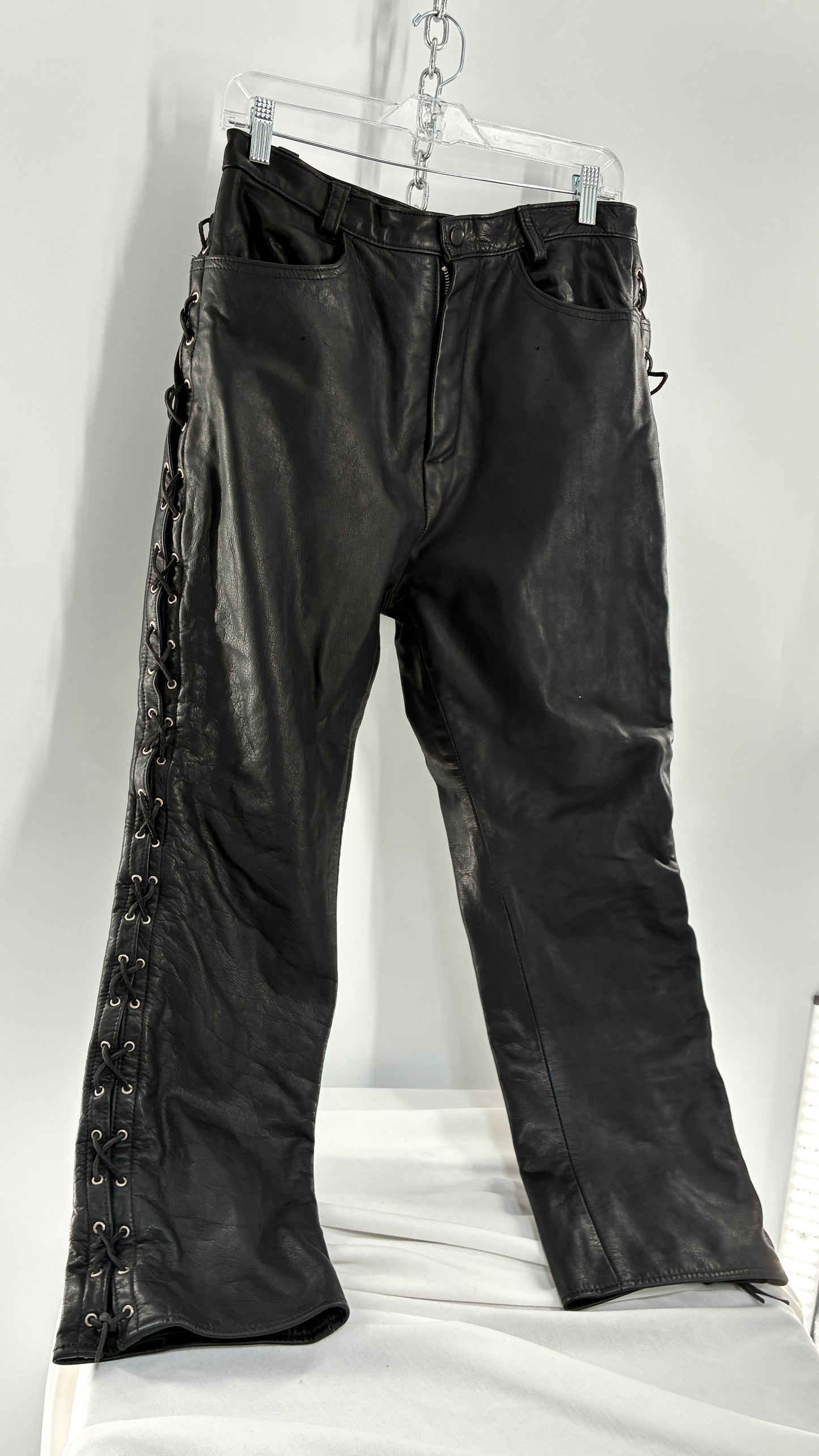 Vintage Thick Ultra Soft Black Leather Pants with Tie Up Sides (Medium)