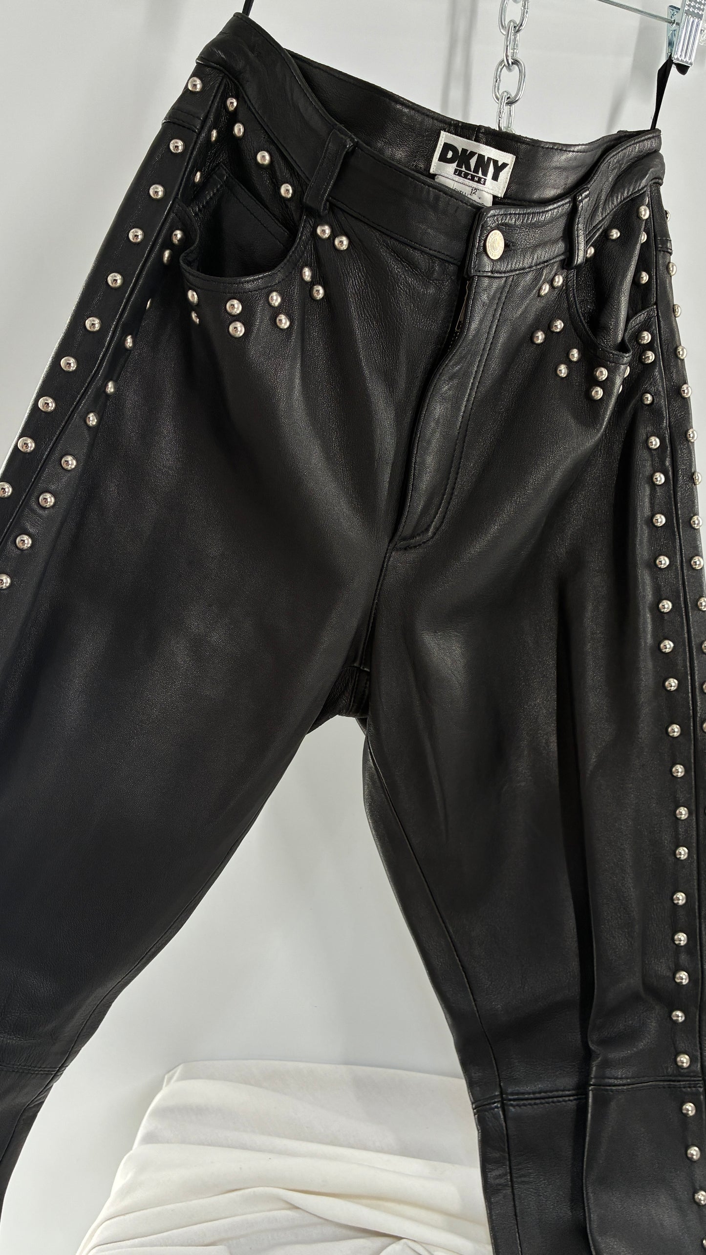 Vintage DKNY Genuine Leather Black Hip to Hem Studded Straight Legs (12)