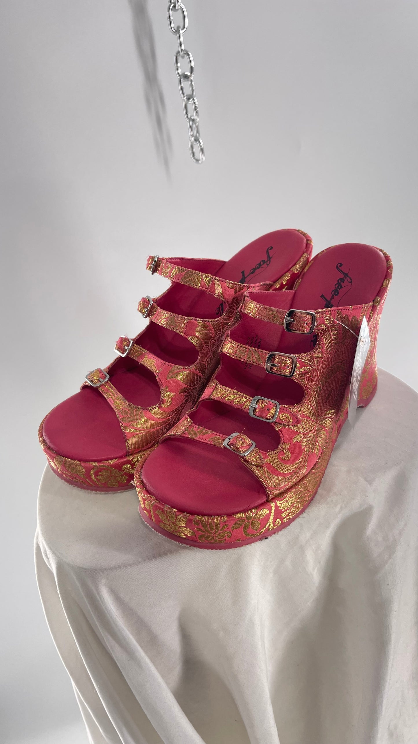 Free People Hot Pink Hoffman Buckle Front Wedge Heels with Satin Gold Paisley/Brocade Pattern (37)