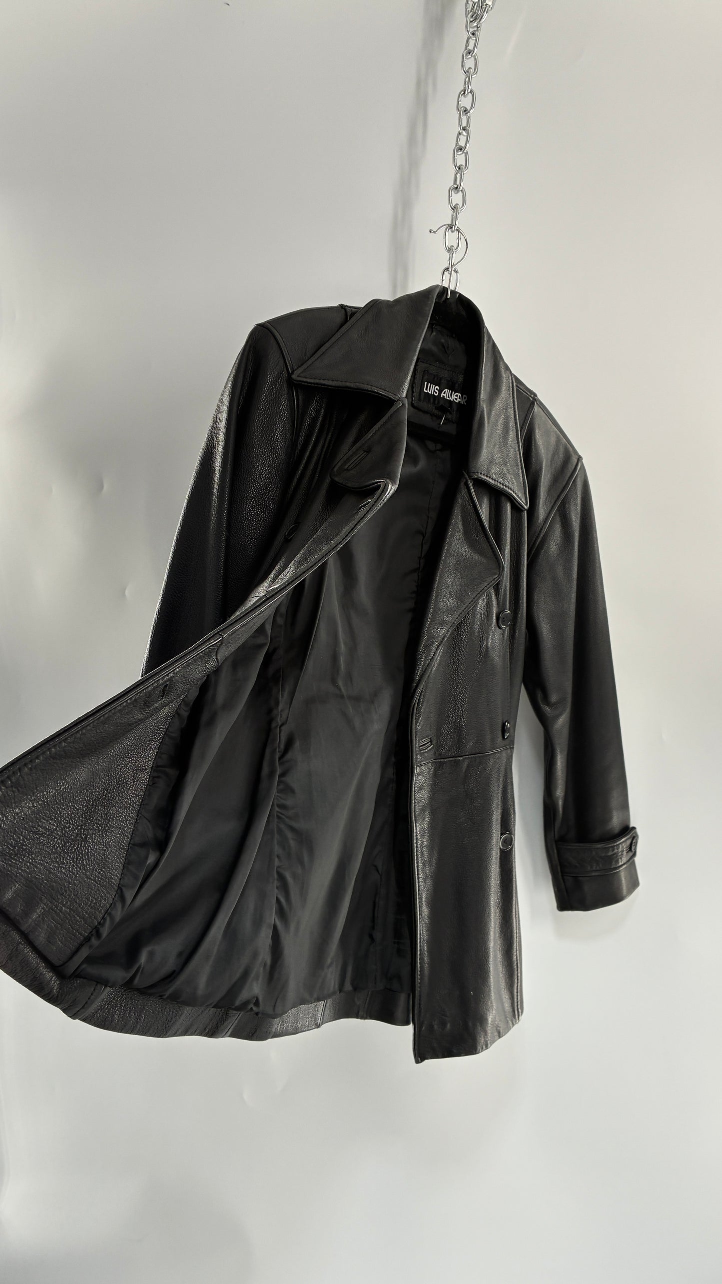 Vintage LUIS ALVEAR Thick Genuine Leather Black Trench Style Jacket (XS)