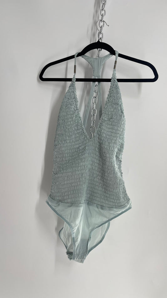 Intimately Free People Blue Smocked Bodysuit with Metal Hardware Details (Medium)