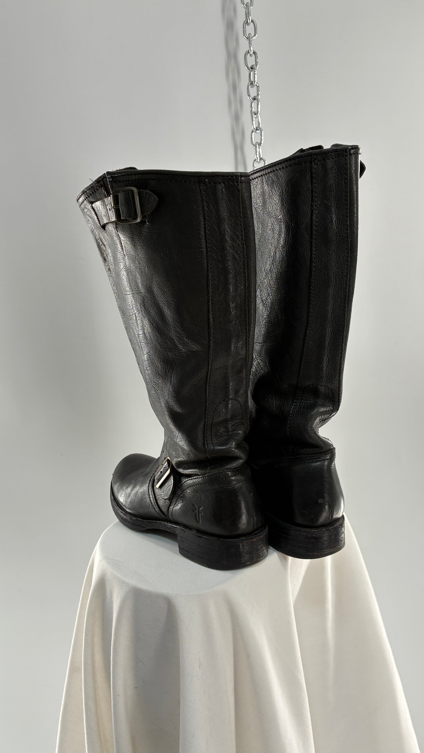 Vintage FRYE Veronica Tumble Shiny Black Leather Slouch Boot (8)