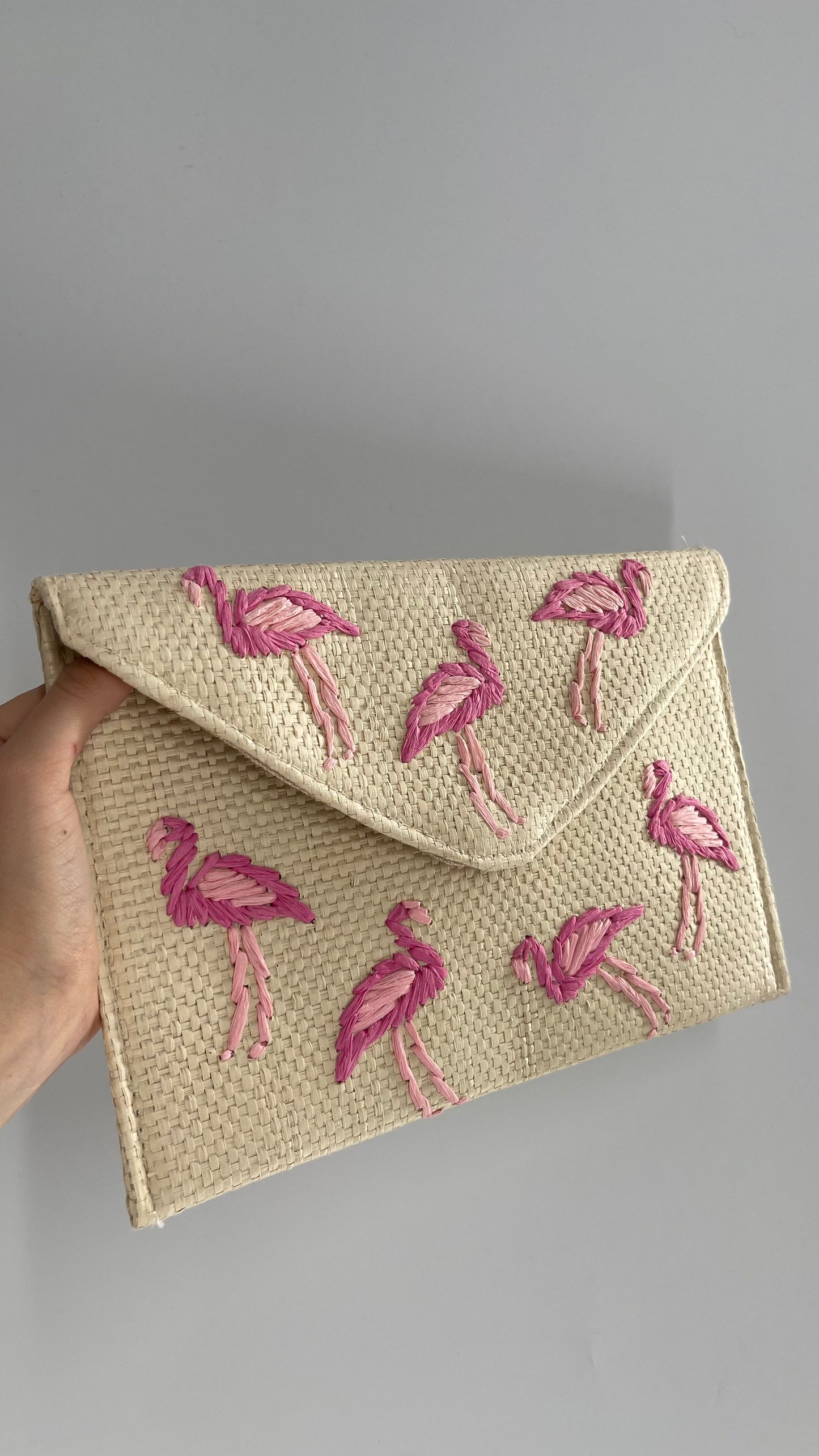 Anthropologie Straw Oversized Clutch with Embroidered Flamingos