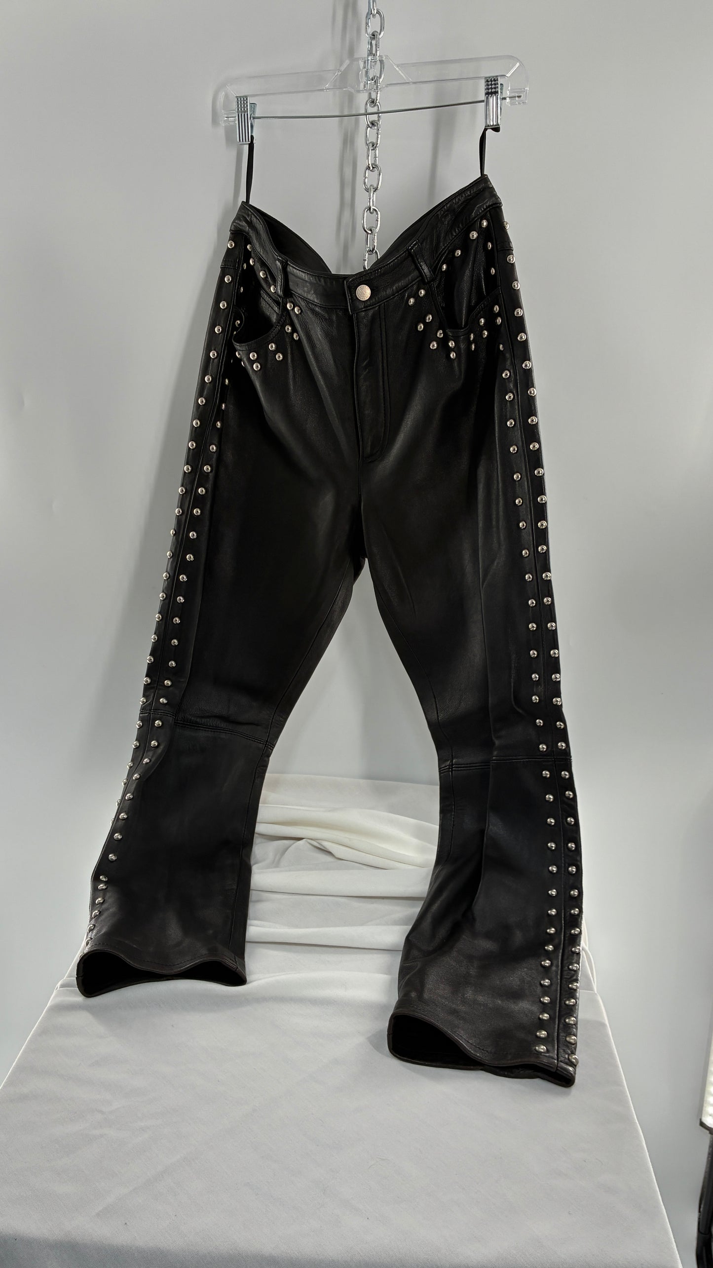 Vintage DKNY Genuine Leather Black Hip to Hem Studded Straight Legs (12)