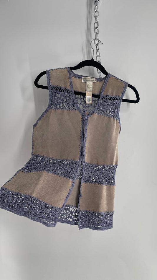 Vintage Grey Suede Leather and Blue Crochet Vest Top (Small)