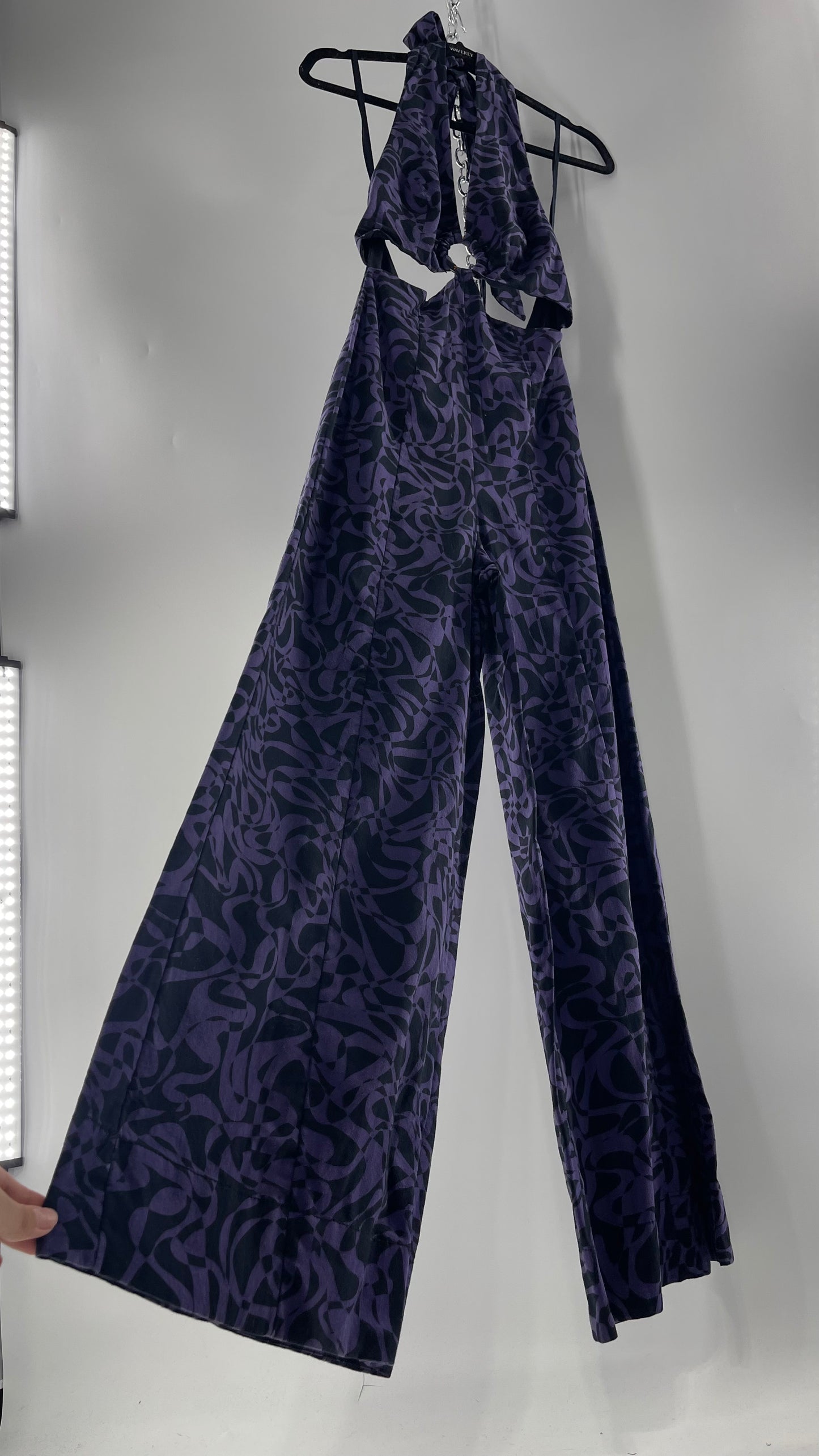 Free People Kira Retro Black and Purple Wide Leg Halter Jumpsuit with Tortoise Bust Loop  (XS)