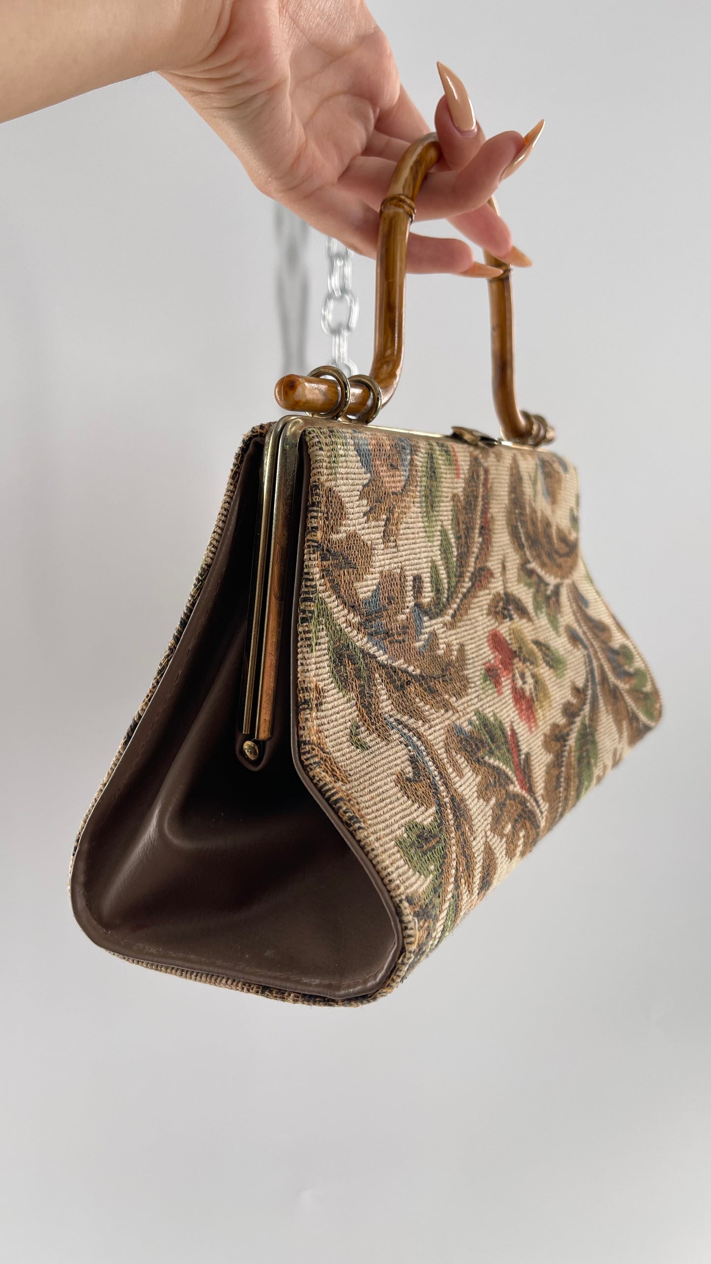 Vintage Tapestry Bag with Bronze Metal Clasp and Bamboo Handle
