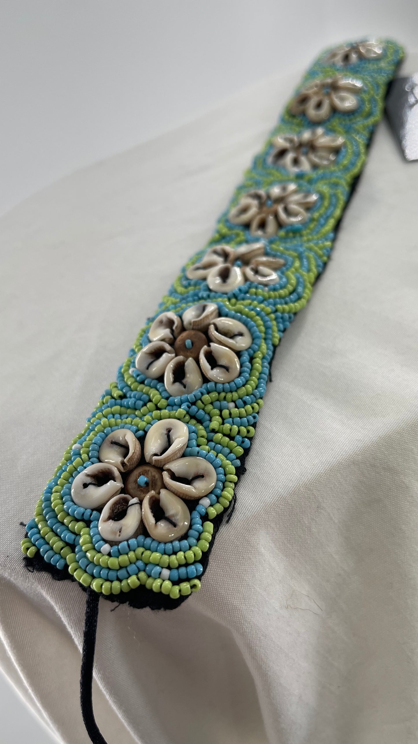 Vintage Hand Done Green/Blue Beaded Headband with Shell Detailing