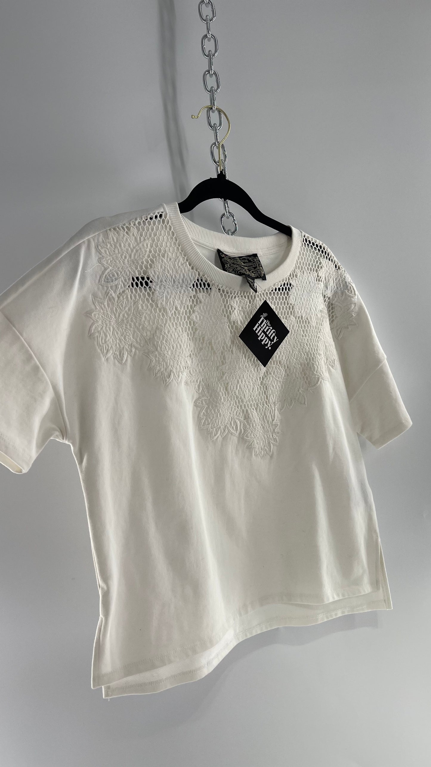 JAMES COVIELLO NY, NY White Thick T Shirt with Embroidered Florals and Mesh (S Petite)