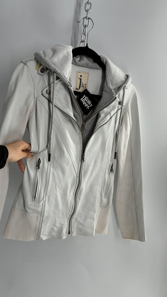 Jakett White Molly Burnished White Genuine Leather Double Layer Moto Jacket with Removable Grey Hoodie Insert (XS)