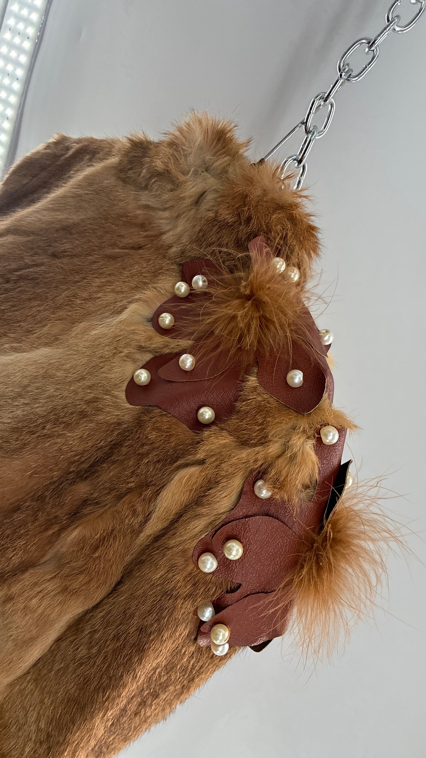 Vintage OPERA Montreal New York Genuine Fur Coat with Pearl Embellished Leather Flower Appliqués (Medium)