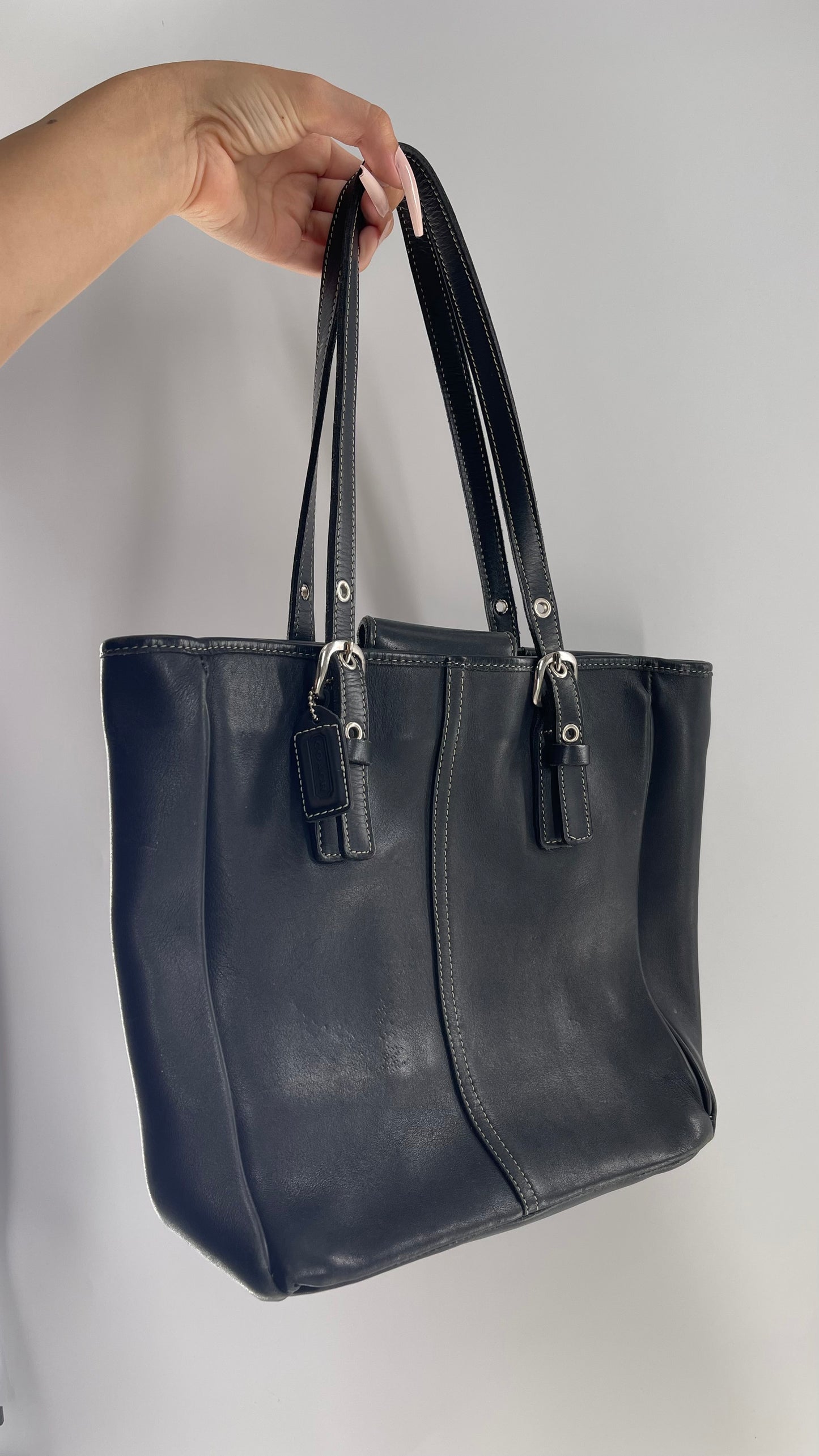 COACH Black Leather Tote Bag with White Stitching