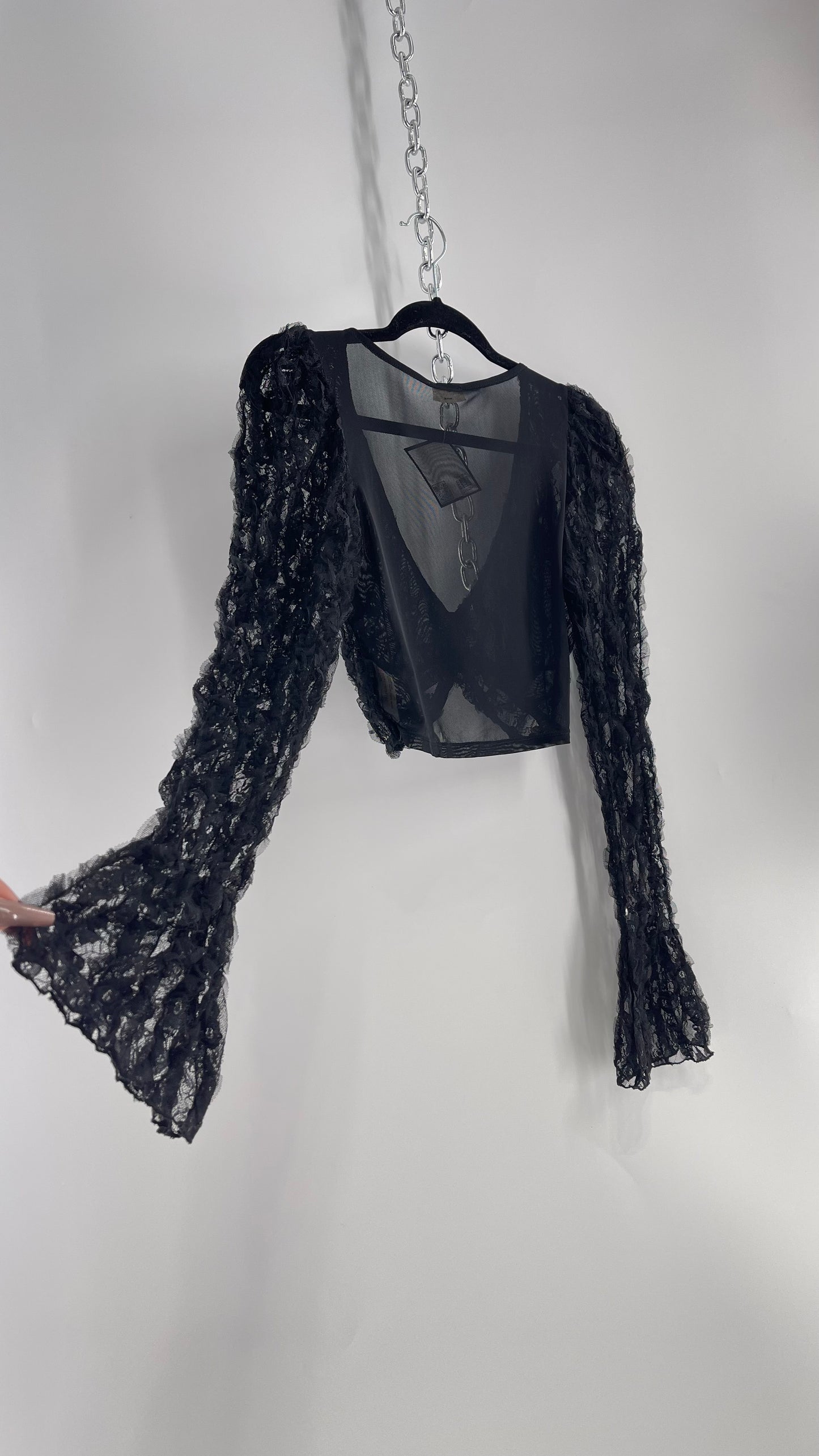 Intimately Free People Black Rosette Mesh Cropped Long Sleeve (XS)