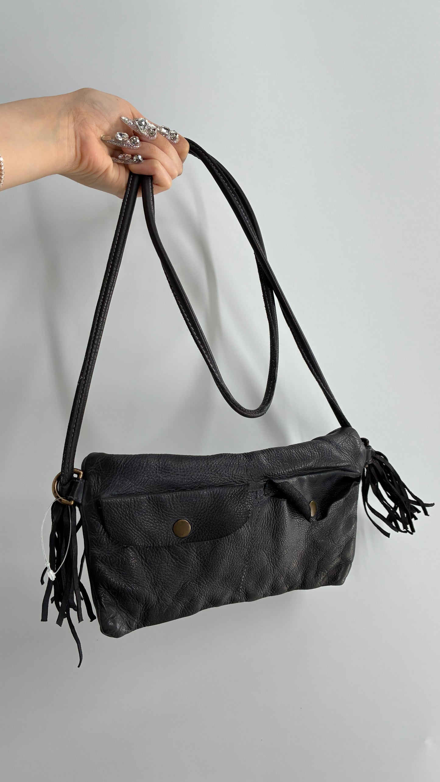 Free People Black Leather Cross Body Fringe Tassel Pouch Pocket Purse