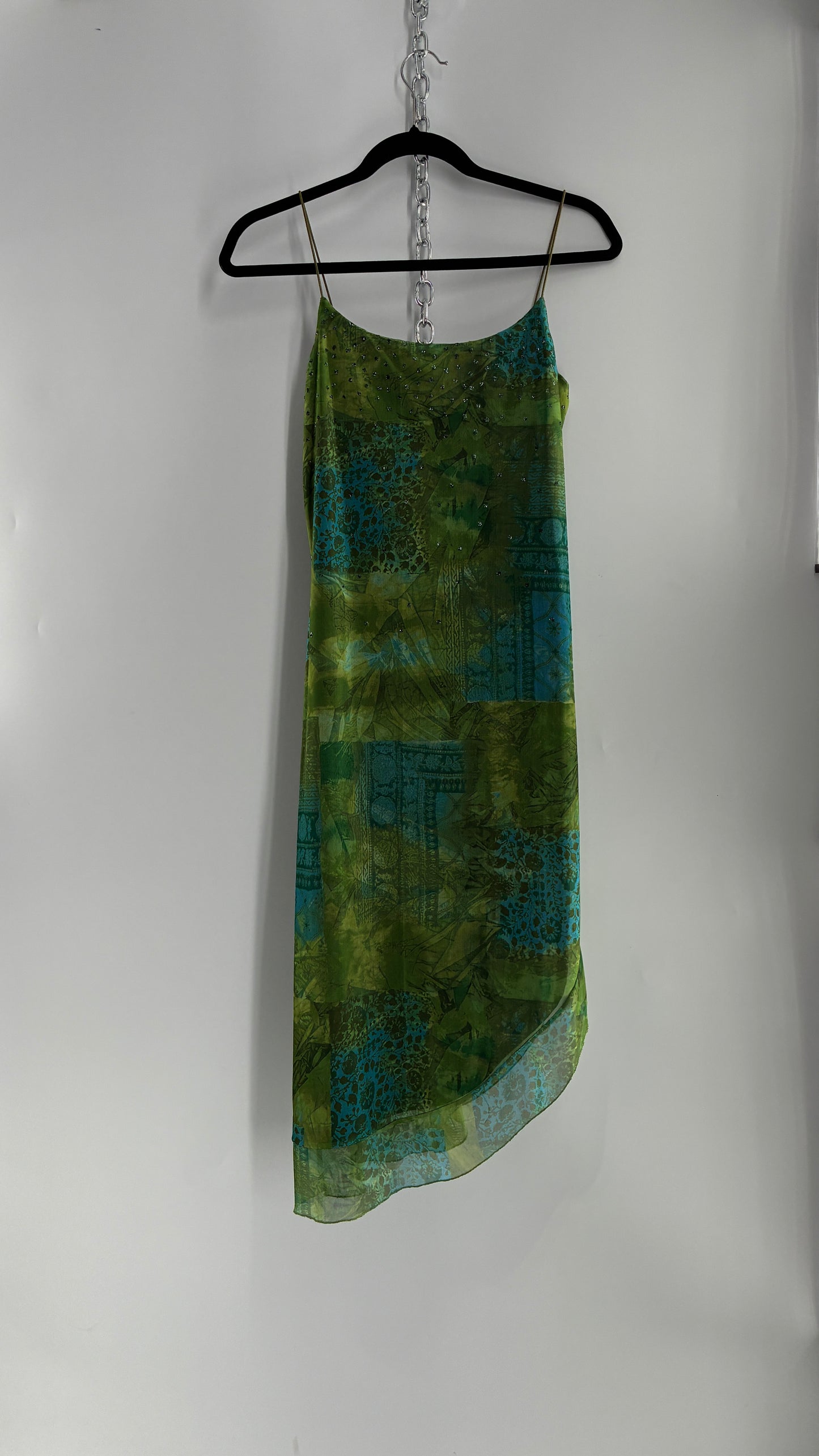 Vintage BYER TOO! CALIFORNIA Green and Blue Patchwork Patterned Midi Dress with Glitter Details and Slanted Cut (Medium)