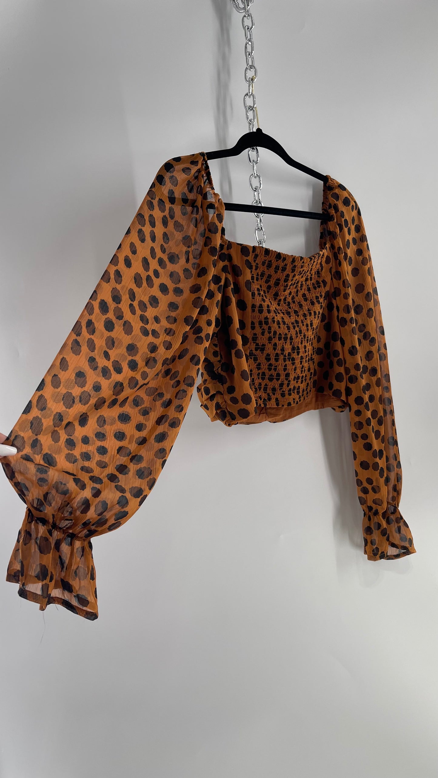 Free People Brown Black Animal Print Blouse with Ruched Bodice and Tags Attached (Large)