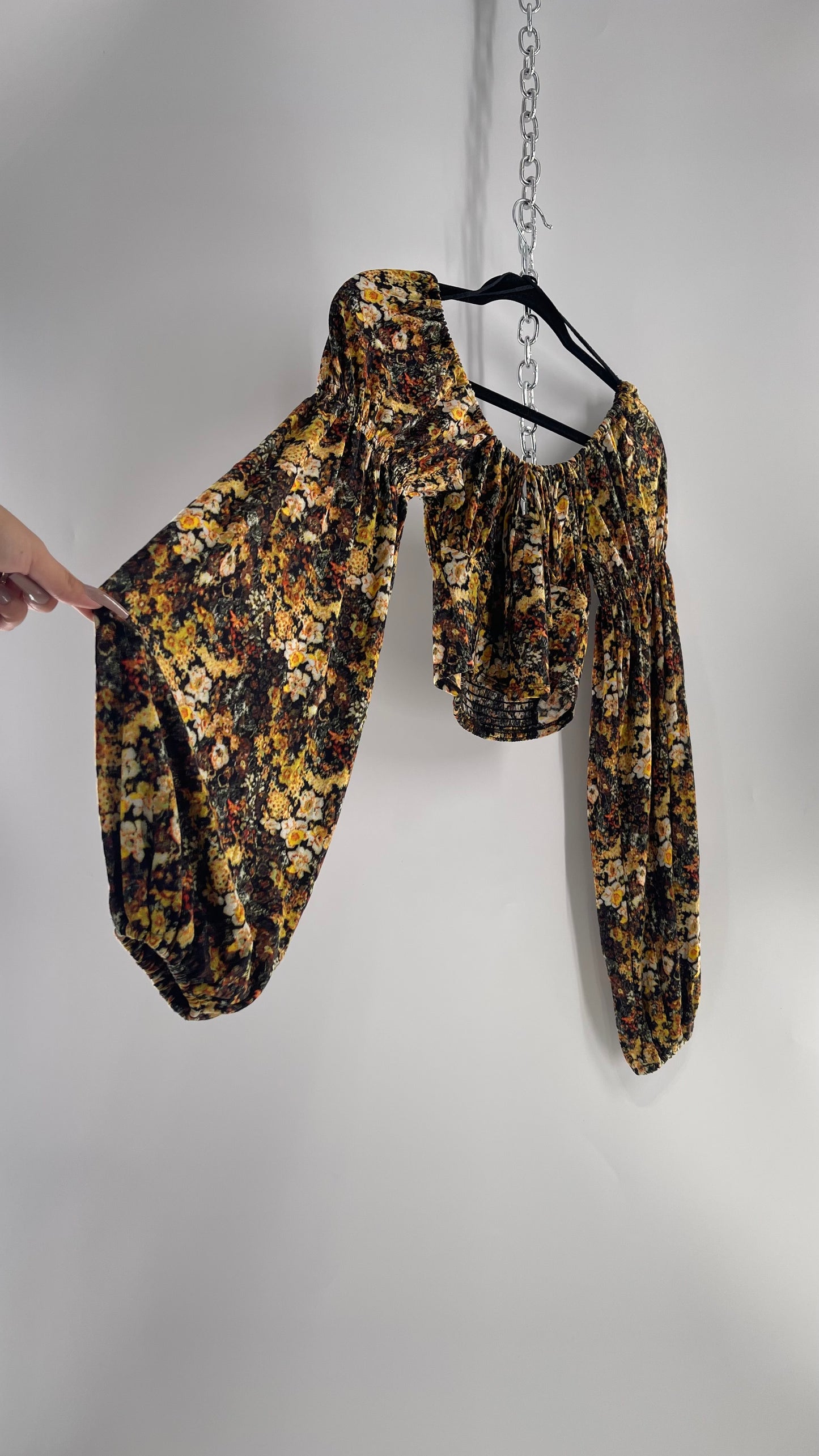 Urban Outfitters Black Yellow Fall Florals Balloon Sleeve Milkmaid Bust Top (Medium)