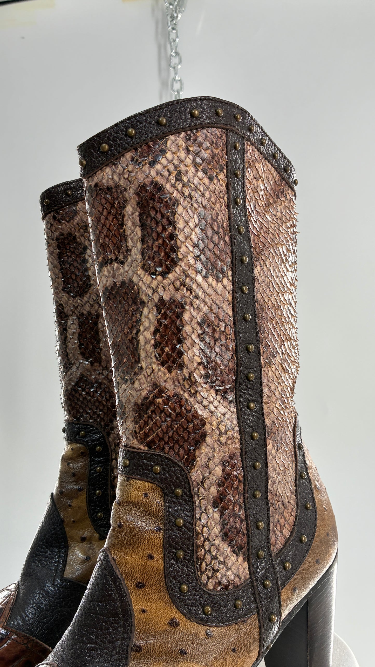 Vintage STUART WEITZMAN Stampede Boots Ft Snake, Crocodile and Ostrich Embossed Leather (8.5)