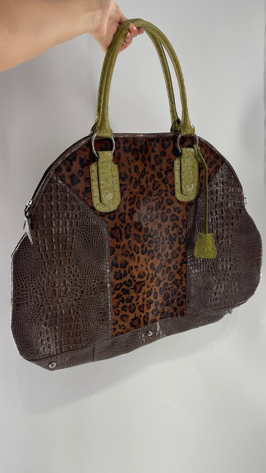 CLÉO & PATEK PARIS Leather Crocodile Texture Sides, Ostrich Texture Straps and Cheetah Fur Texture Center with Velvet Lining