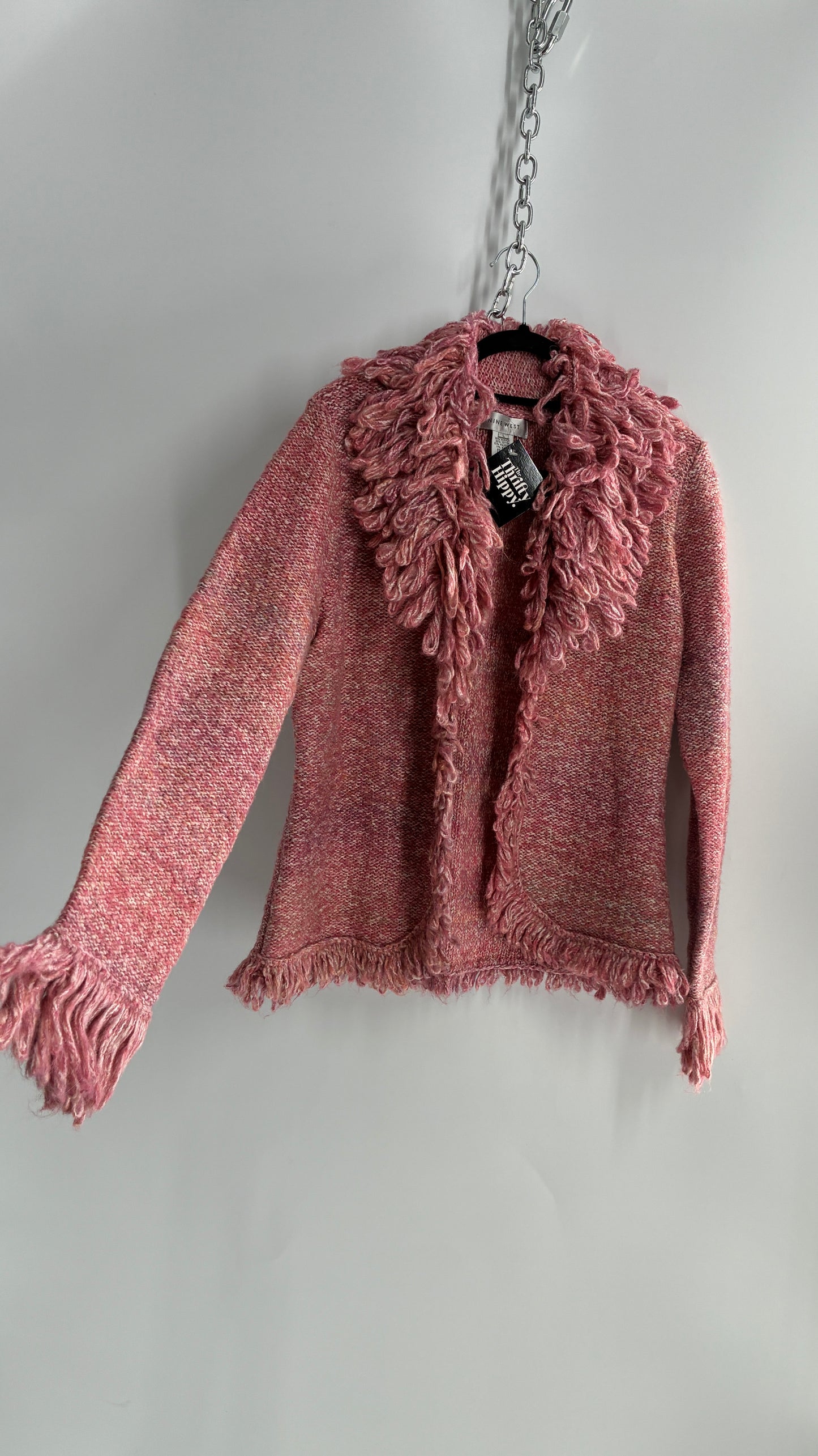 Nine West Pink Knit Cardigan Jacket with Exaggerated Fringe Collar and Cuffs (Large)