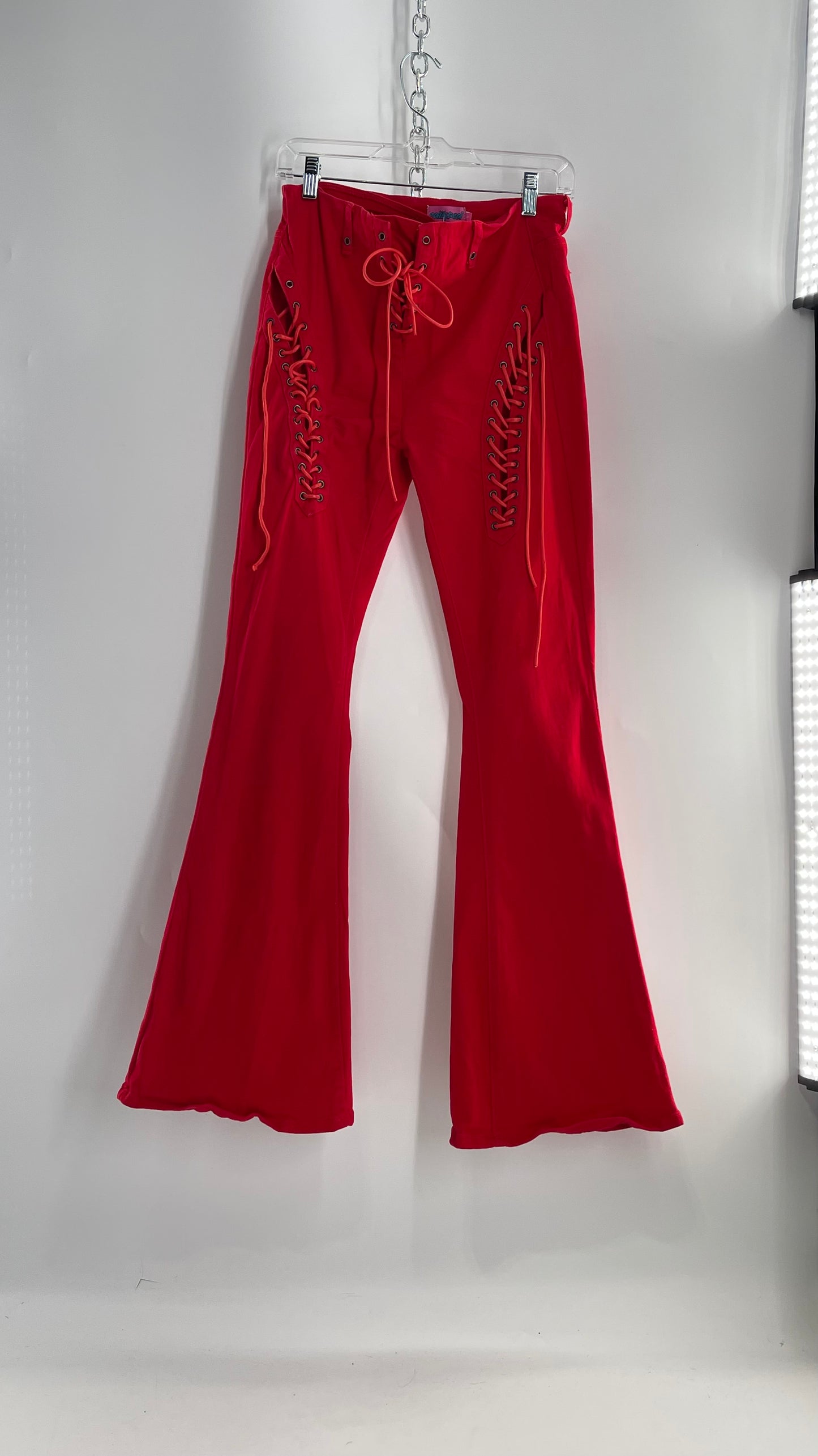 Edikted Rockstar Red Kick Flare Bell Bottoms with Lace Up Thigh and Waistline Detail (Large)