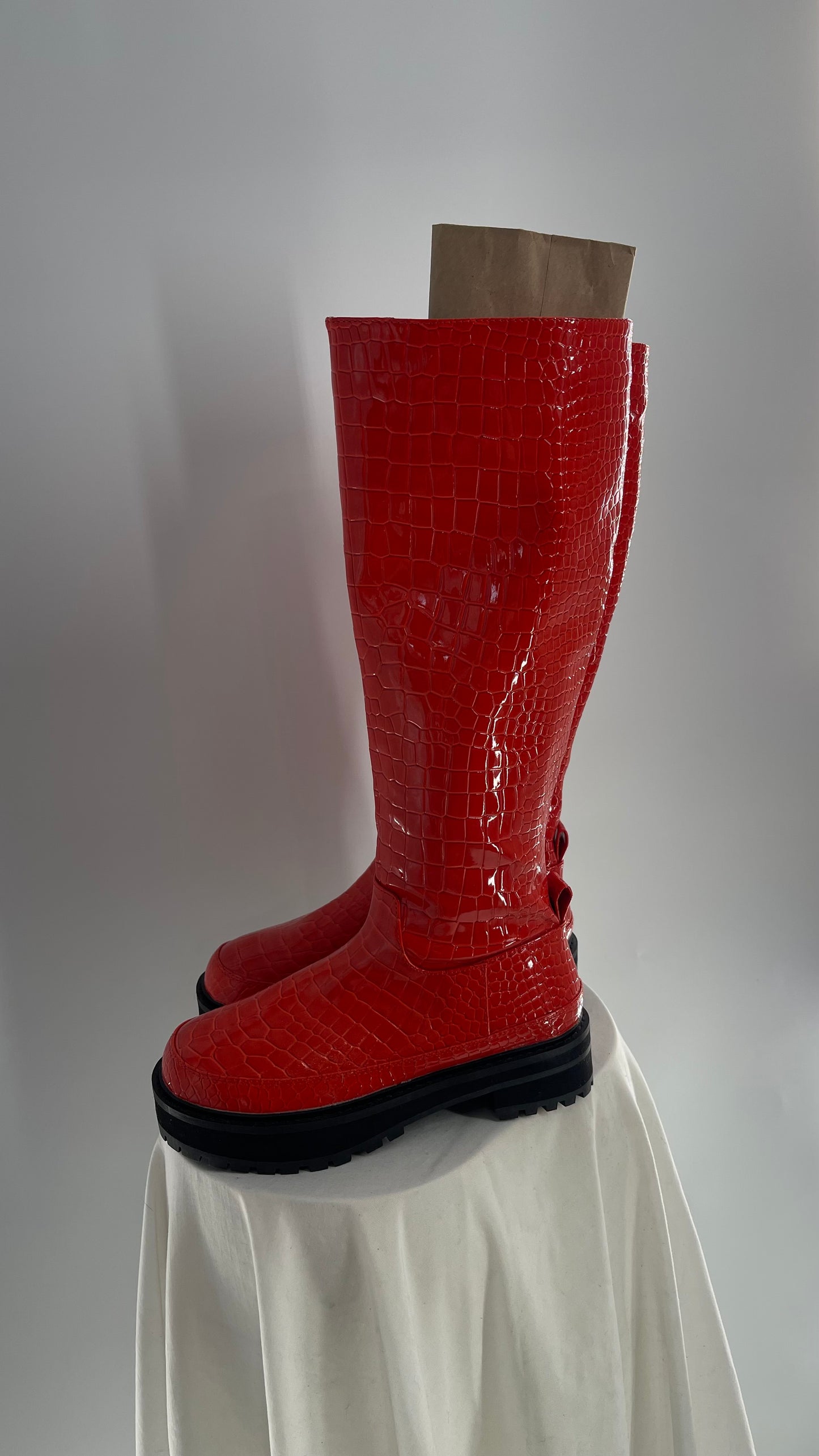 Urban Outfitters Orange Crocodile Embossed Knee High Boots (6)