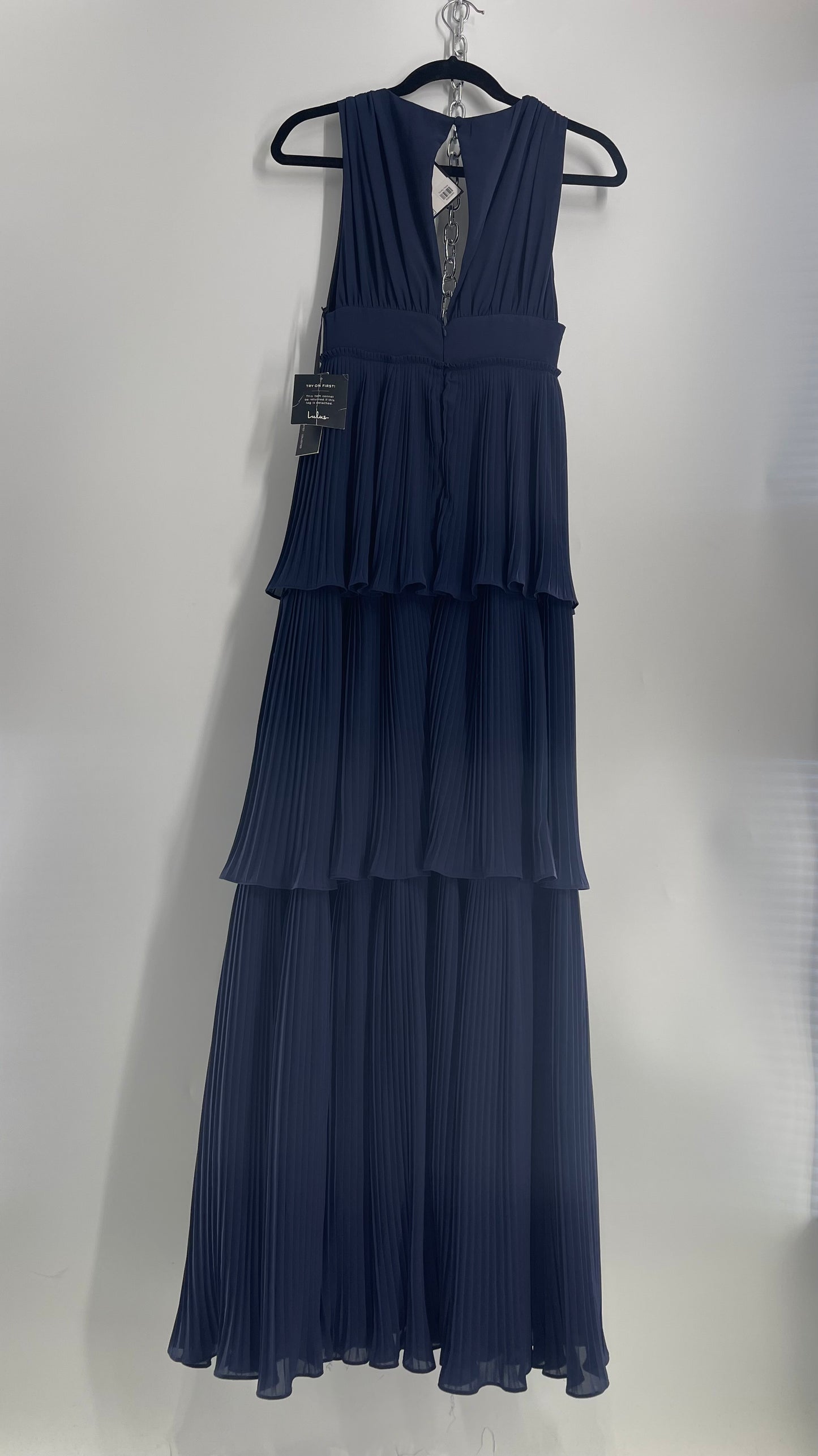 Lulu*s Pleated Navy Blue Floor Length Gown with Three Tiers and Tags Attached (XS)