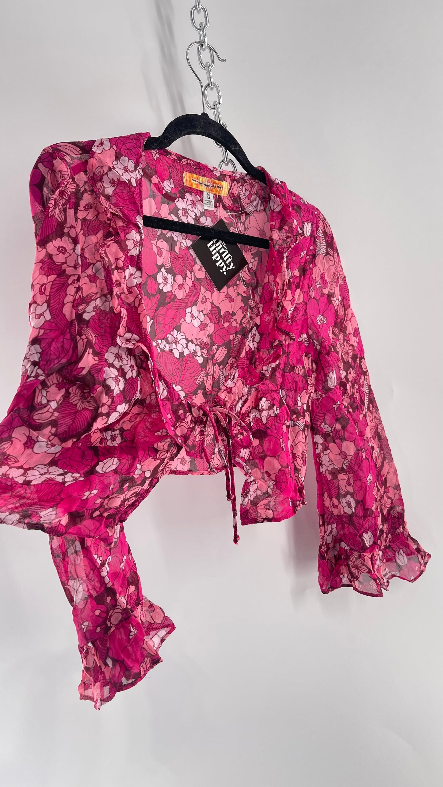 Urban Outfitters Fuchsia 100% Viscose Floral Tie Front, Ruffled Blouse