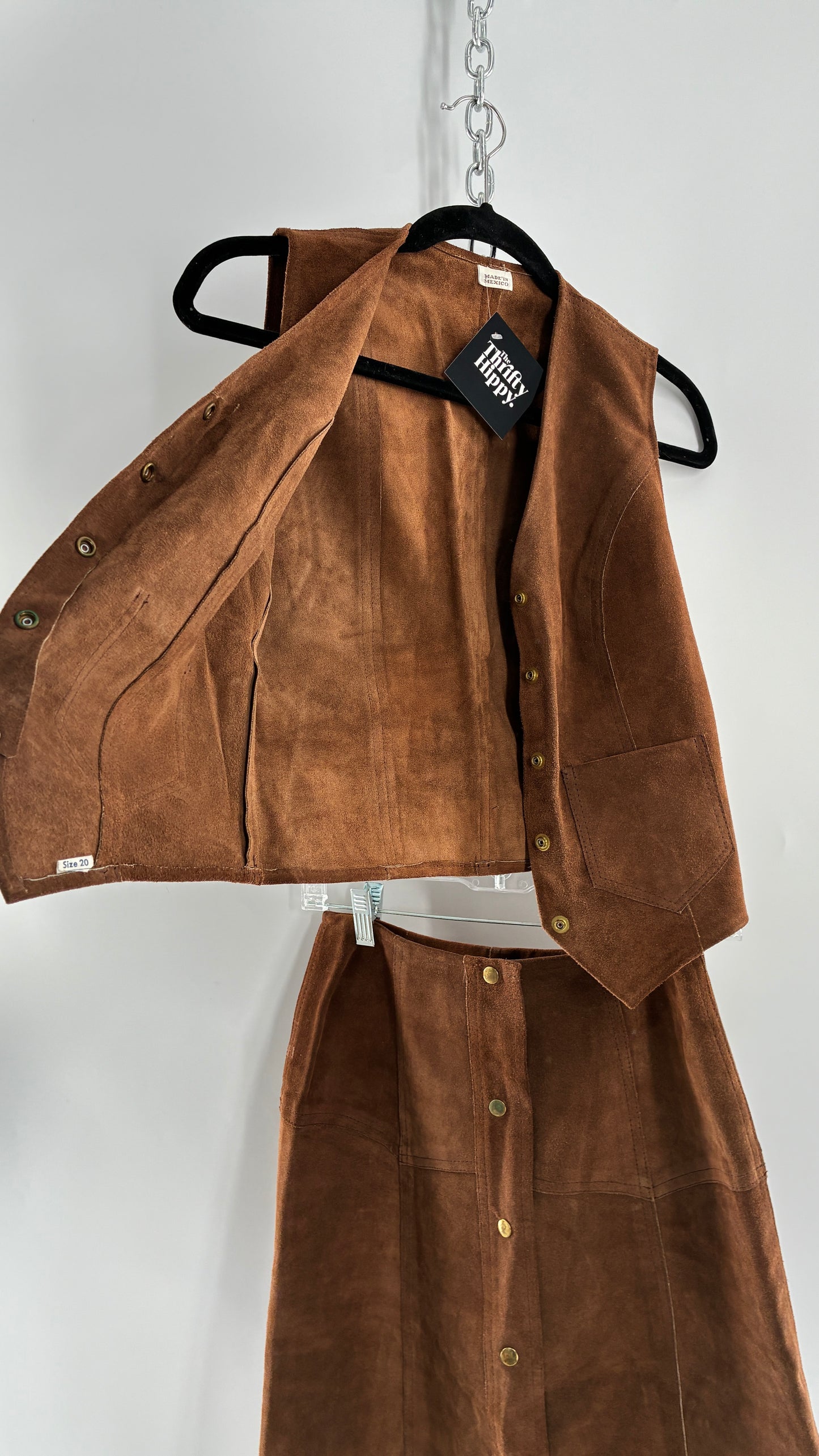 Vintage 1970s Genuine Suede Brown Leather Button Front Skirt and Vest Made in Mexico (XS/S)
