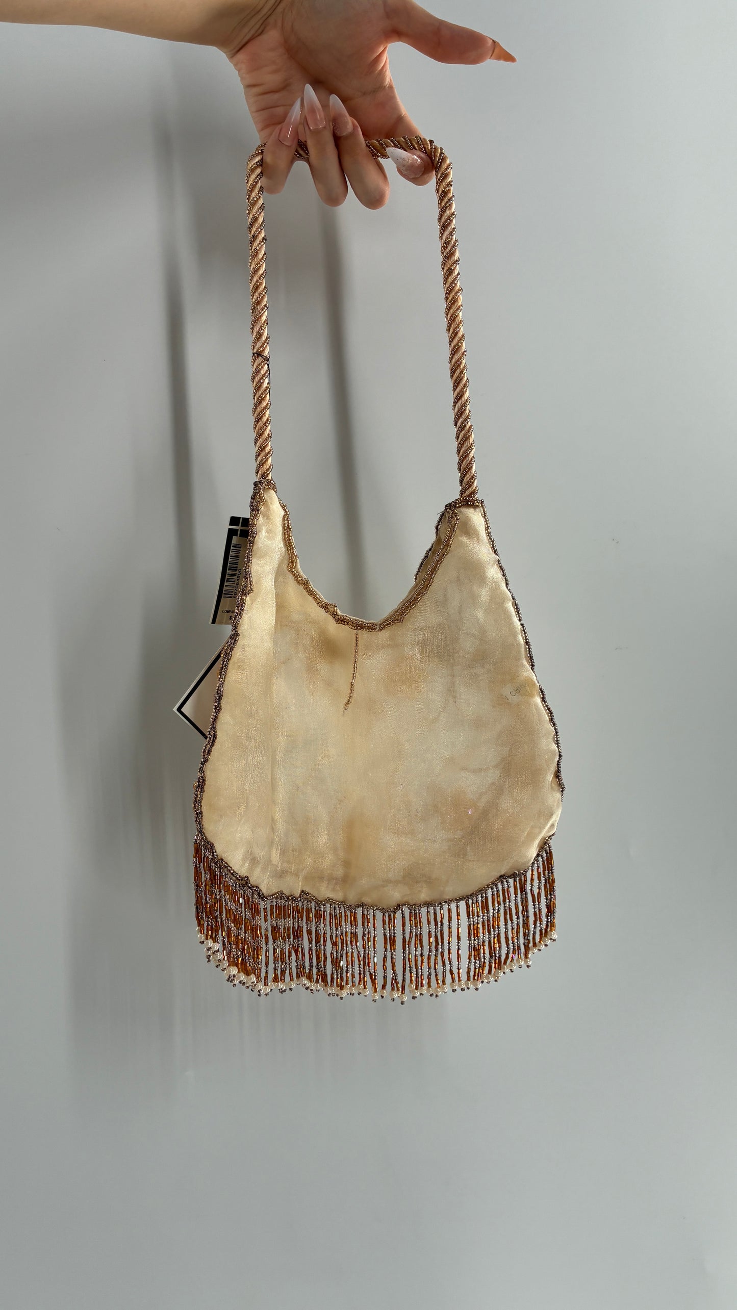Vintage Deadstock Beige Beaded Fringe Purse with Embroidered Beaded Florals